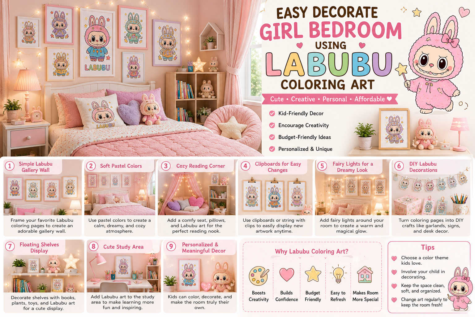Easy Girl Aesthetic Bedroom Decor Ideas Using Labubu Coloring Art That Look Super Cute