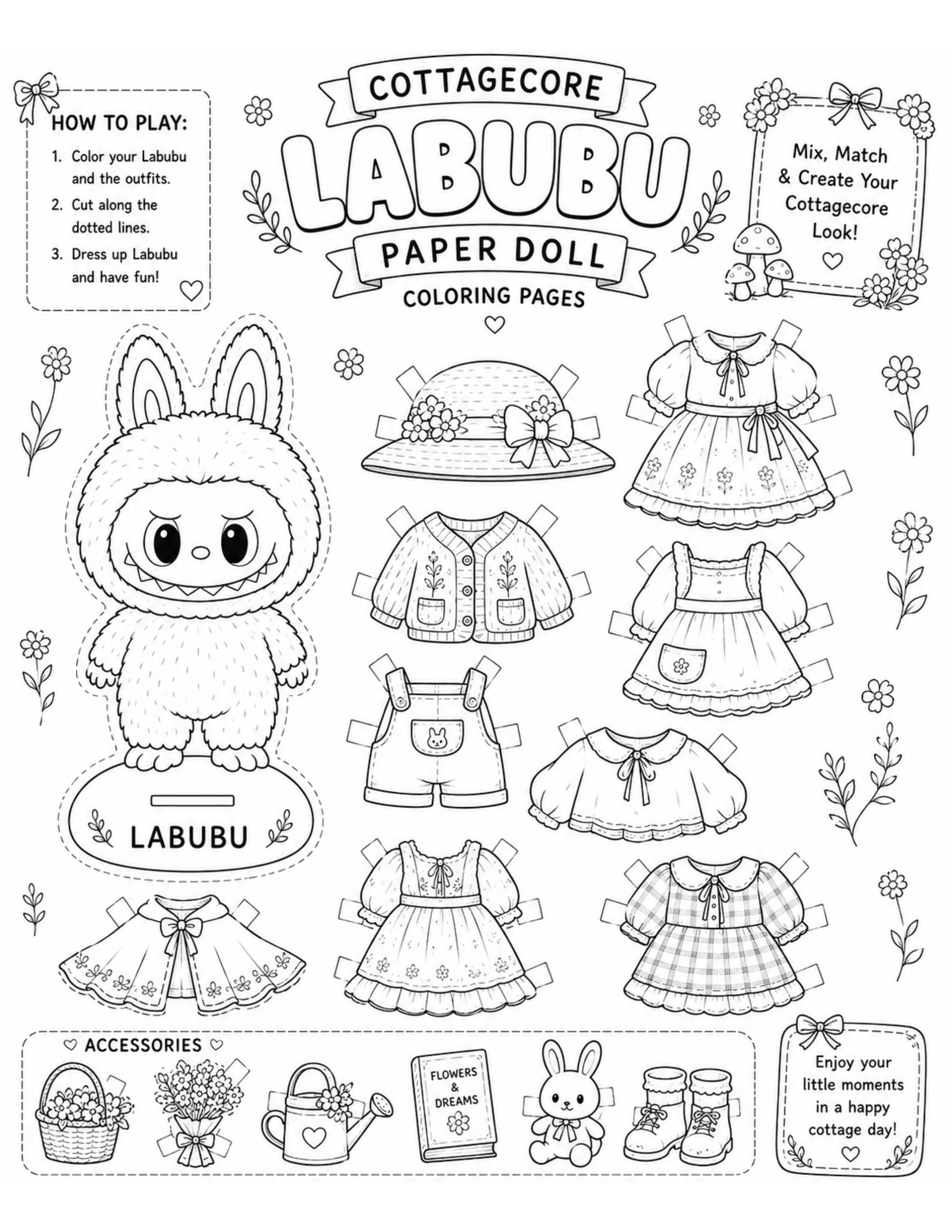 Cottagecore Labubu Paper Doll Coloring Pages