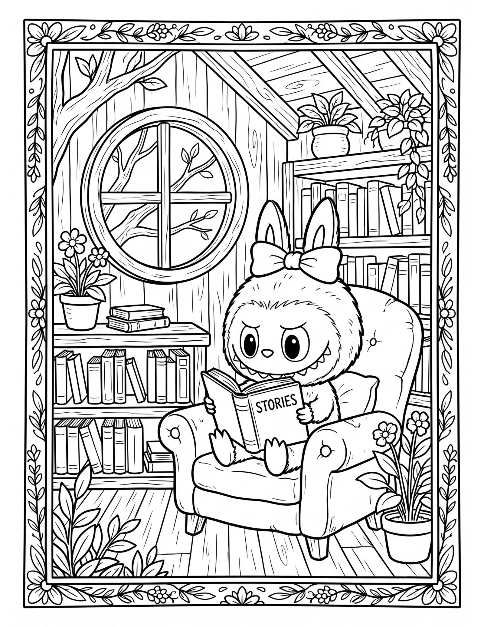 Cottagecore Labubu Reading at Cozy Treehouse Library Coloring Pages