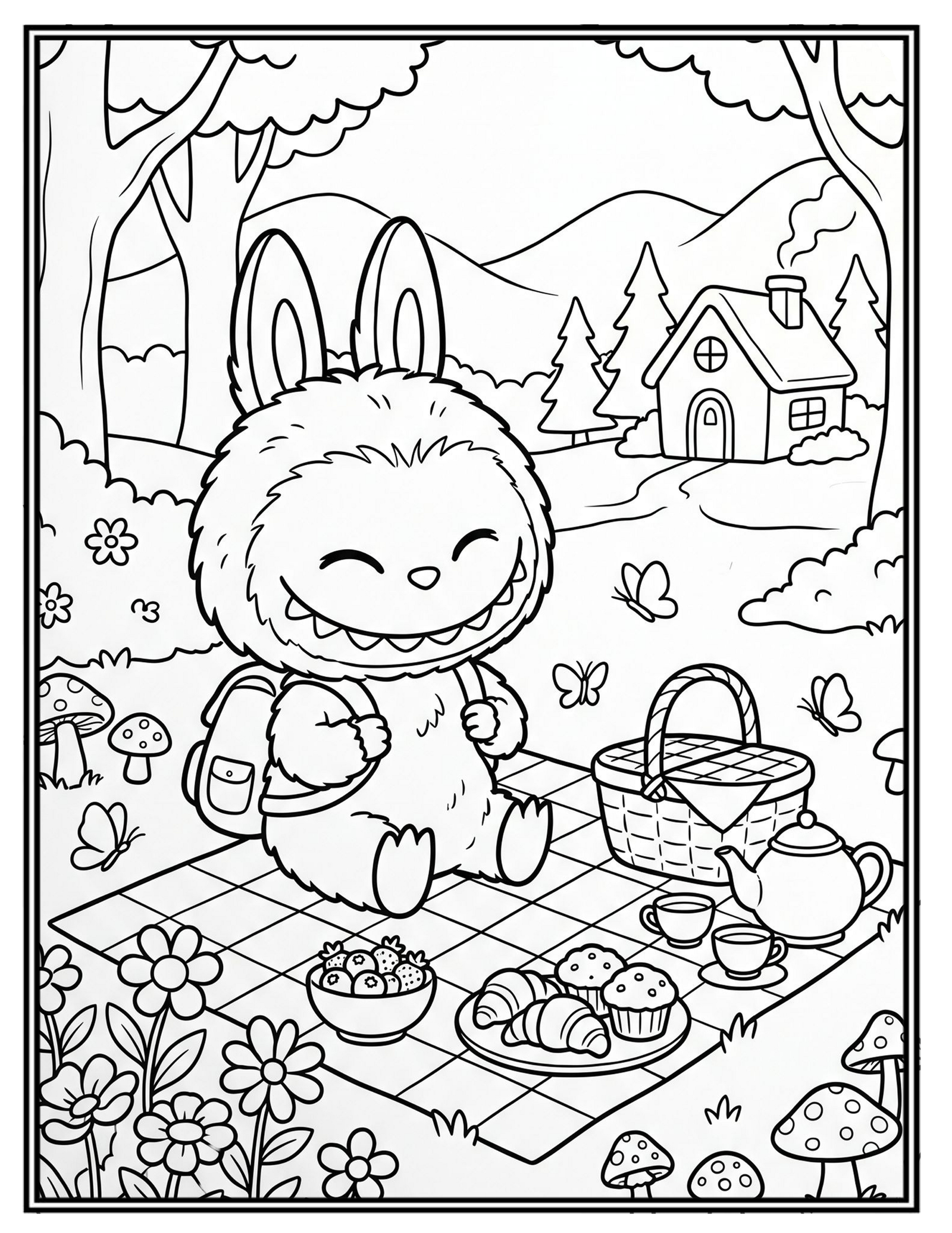 Cottagecore Coloring Pages - A cute Labubu Sitting on a Picnic Blanket in a Cottagecore Meadow