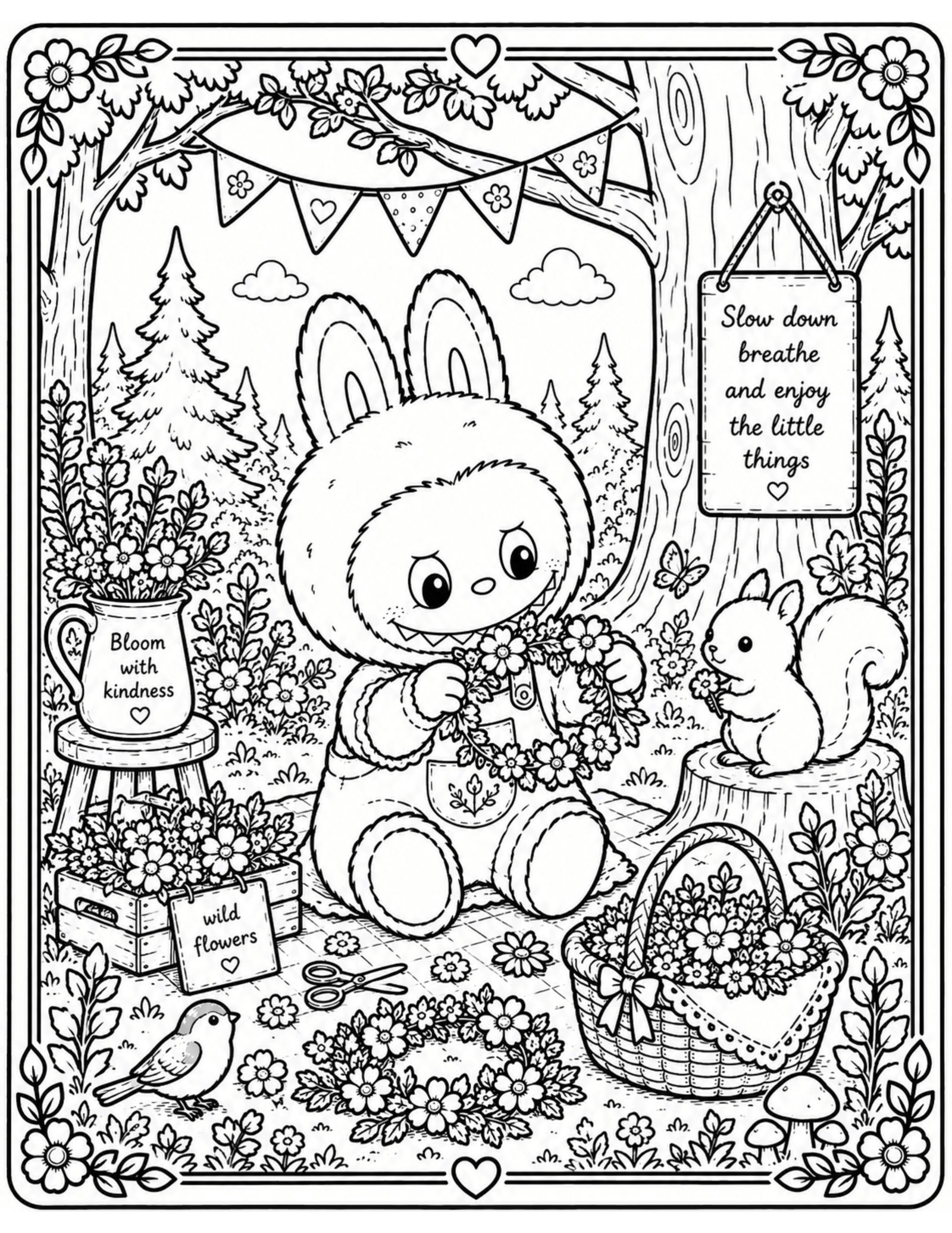 Cottagecore Coloring Labubu Making a Flower Crown in the Forest