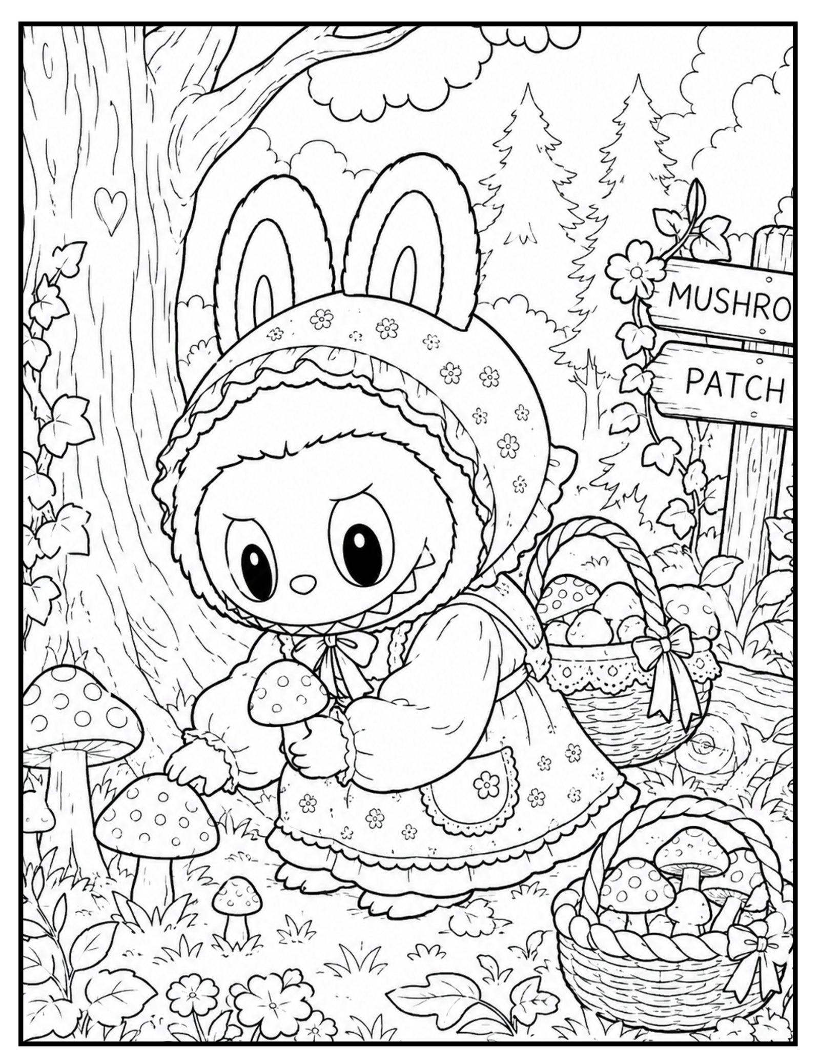 Cottagecore Magical Forest Mushroom Labubu Coloring Pages