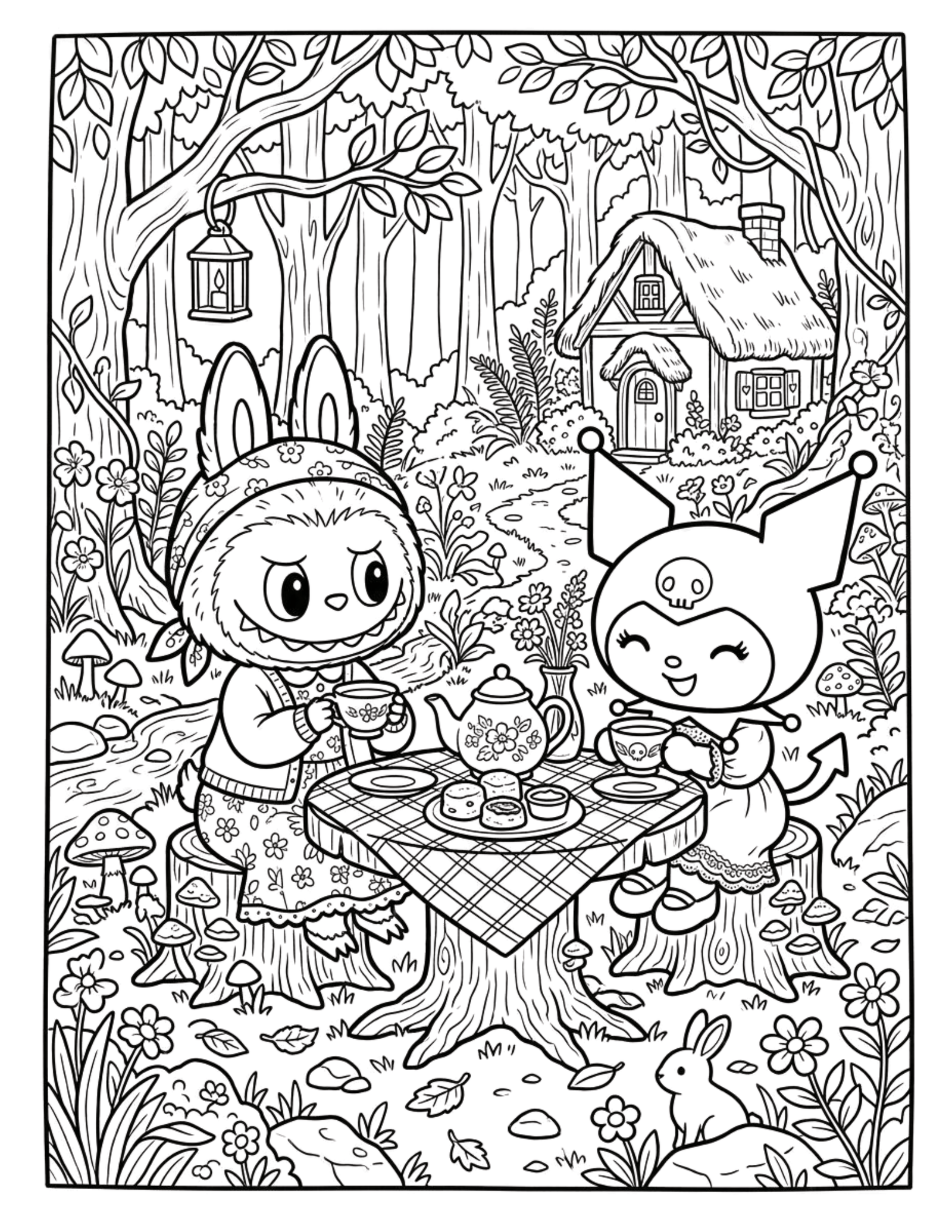Cottagecore Labubu Kuromi Tea Party Coloring Pages