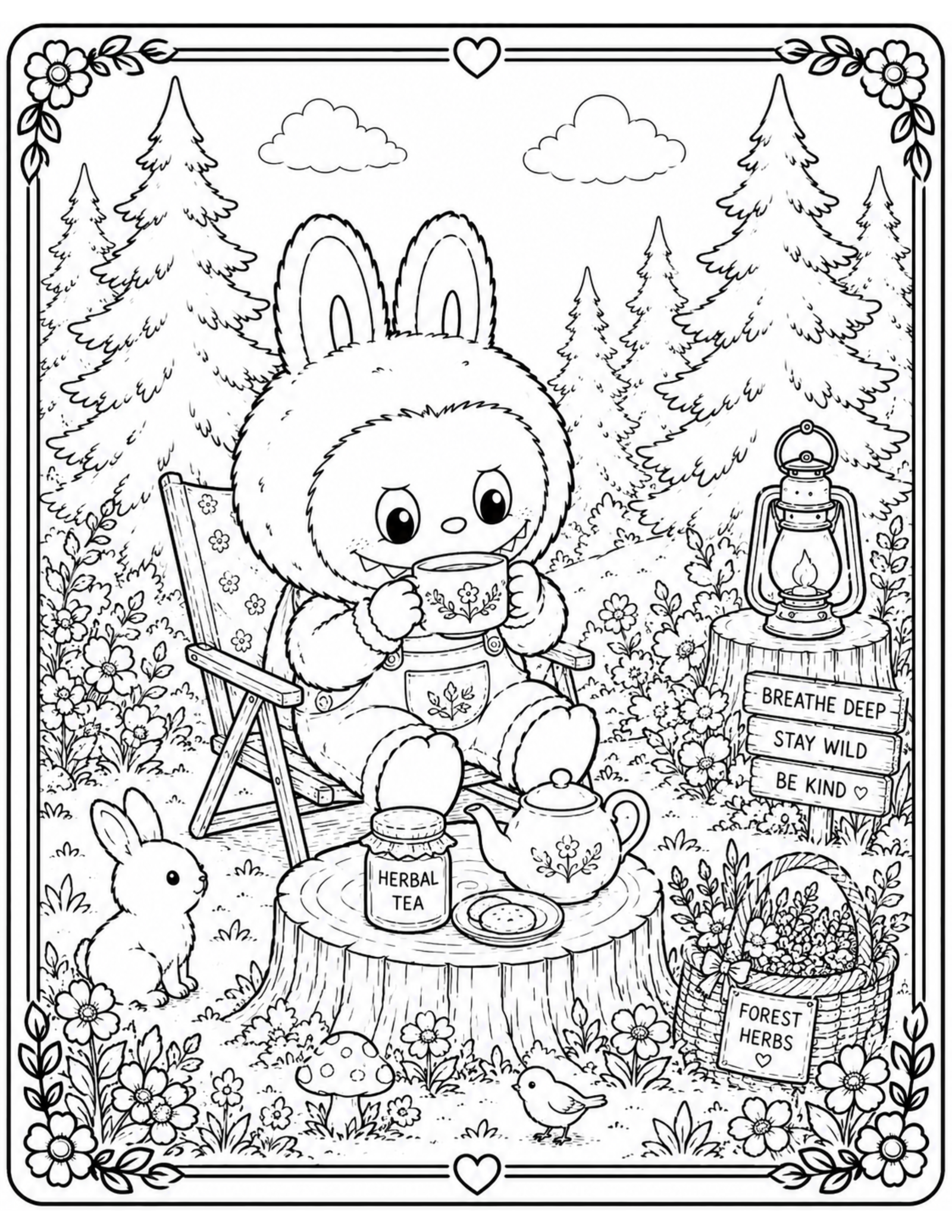 Cottagecore Labubu Drinking Herbal Tea in A Forest Clearing Coloring Pages