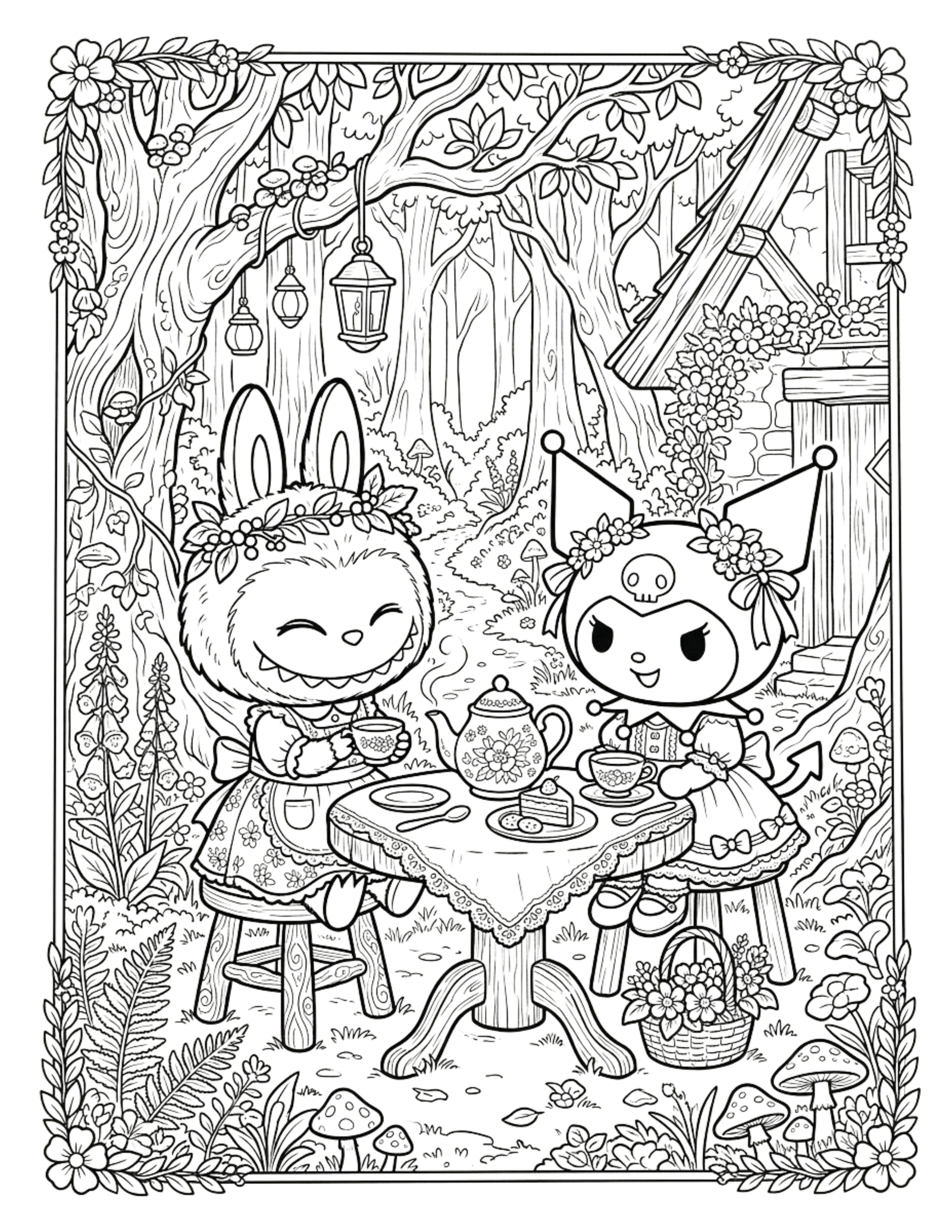 Cozy Cottagecore Labubu with Kuromi Tea Party Coloring Pages