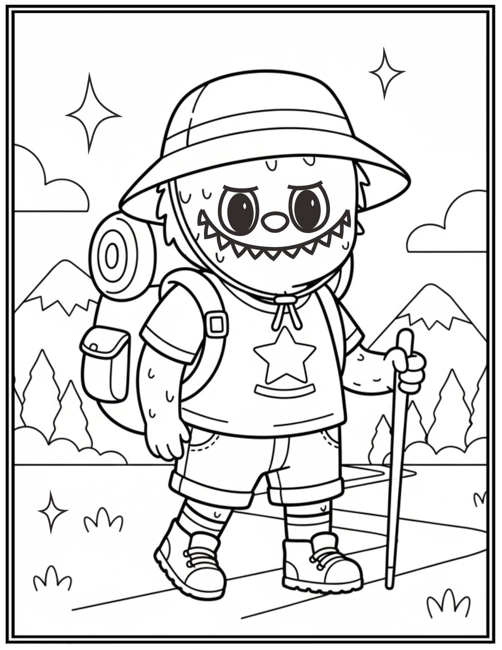 Labubu Hiking in The Mountains Coloring Pages