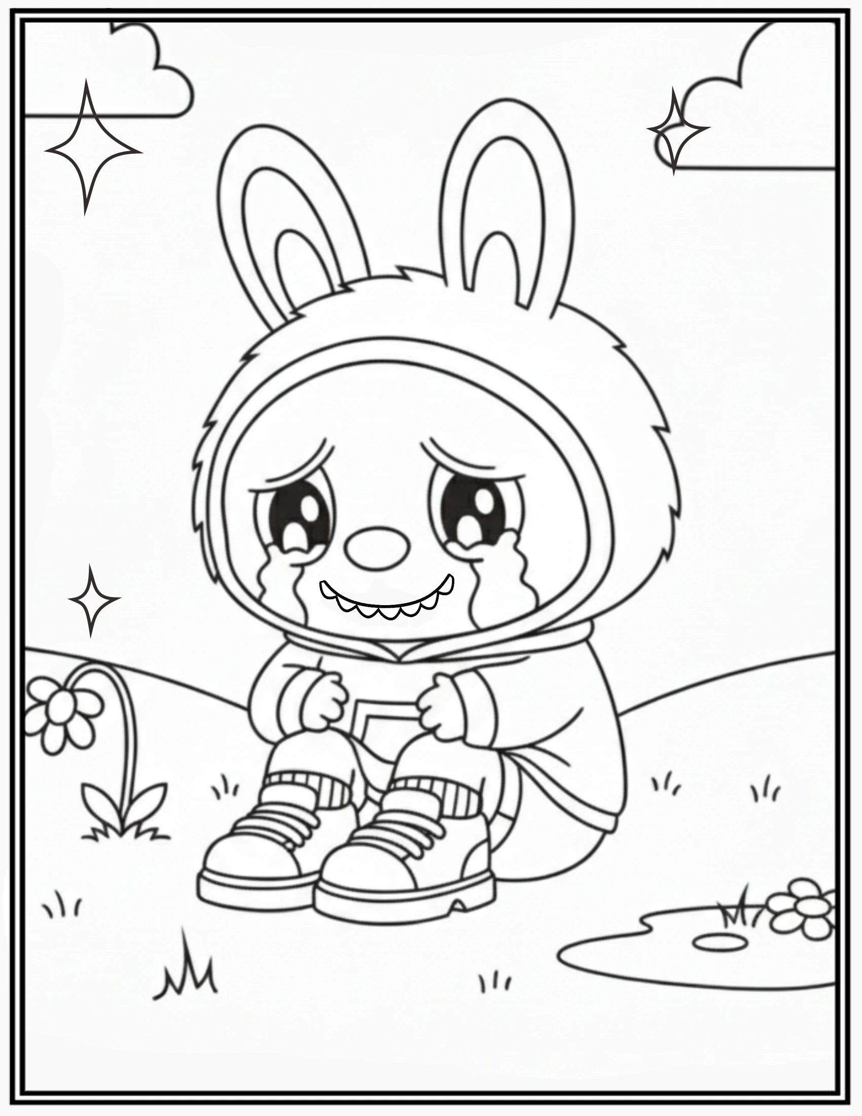 Labubu Sitting On The Grass Crying Sadly Coloring Pages