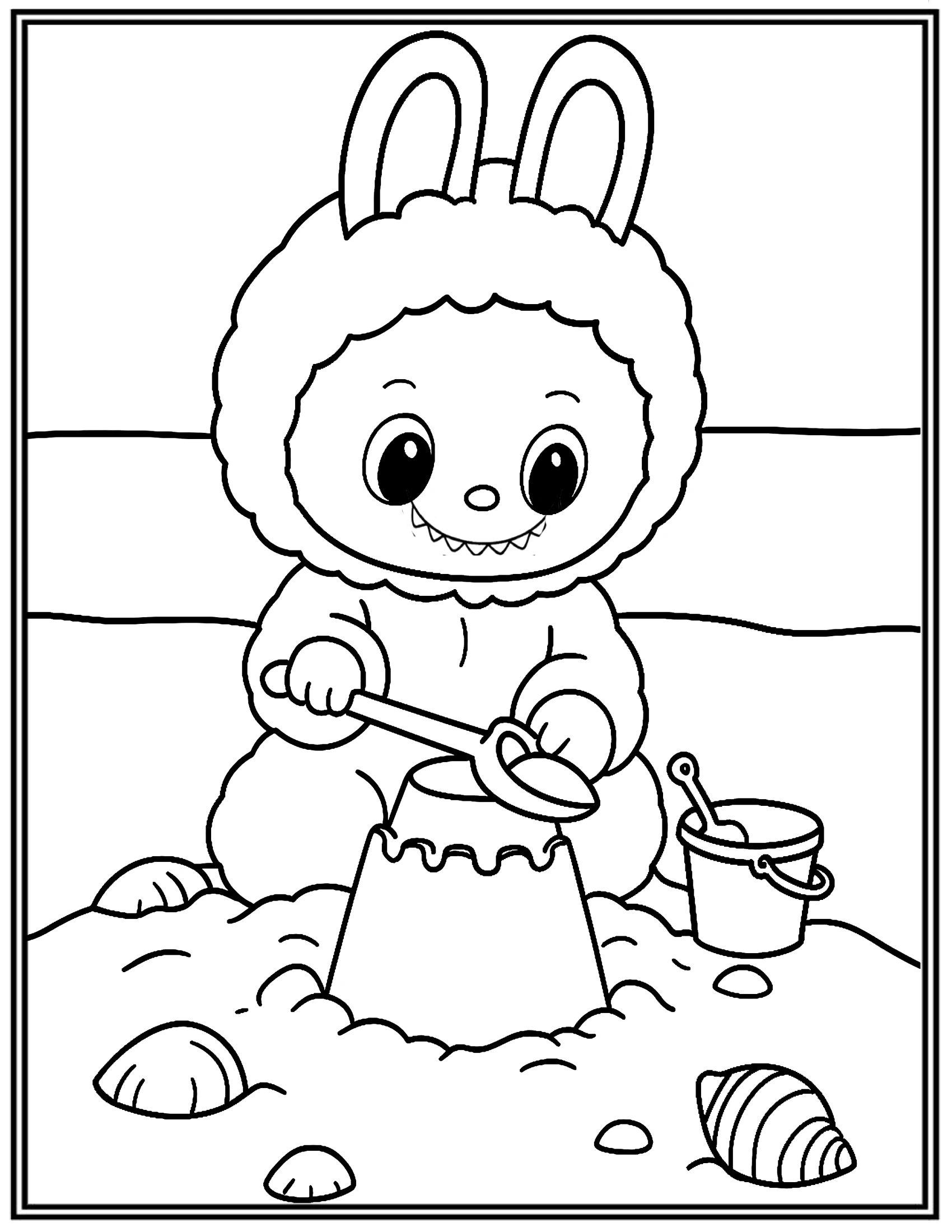 Labubu Happily Playing With Sand On The Beach Coloring Pages