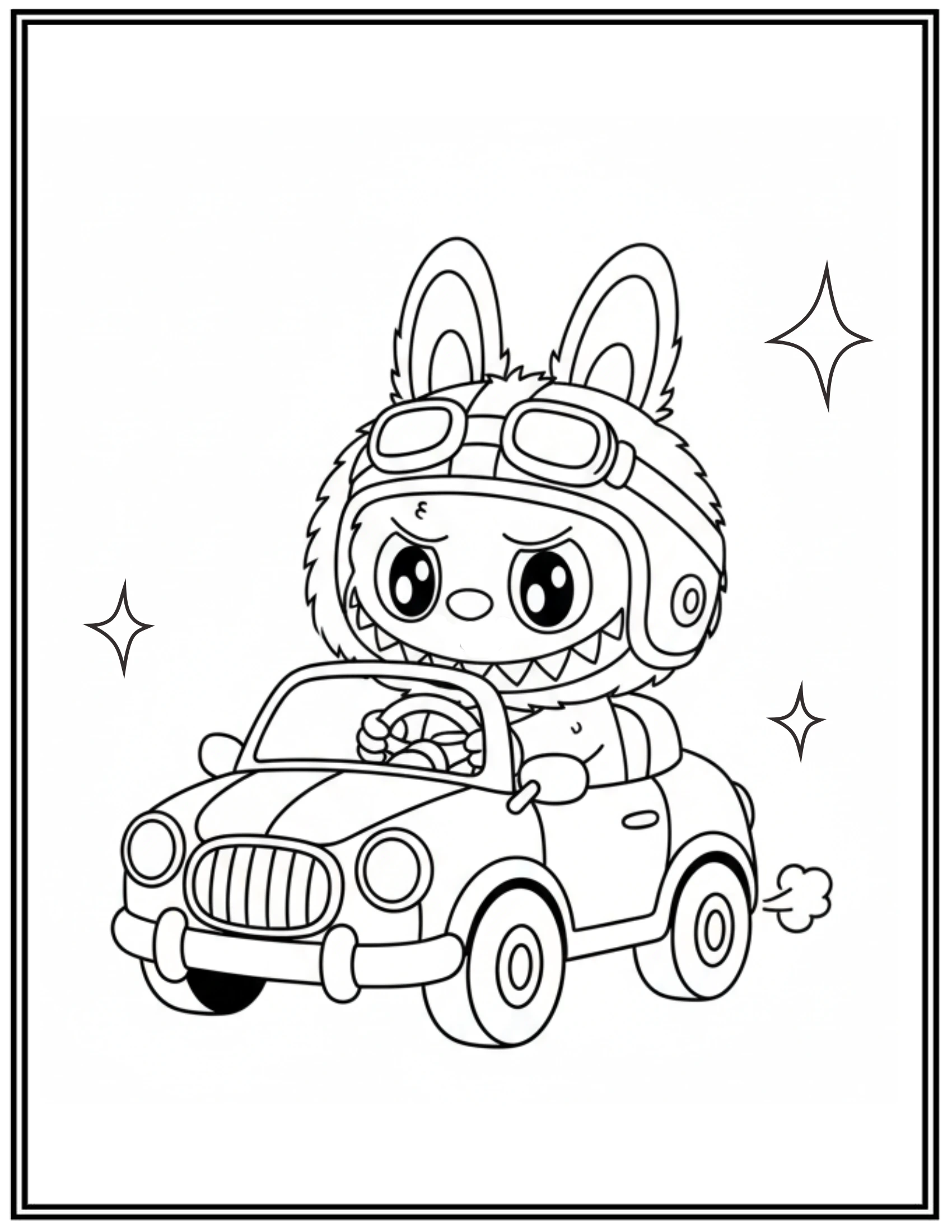 Pilot Style Helmet Labubu Riding Cute Car Coloring Pages