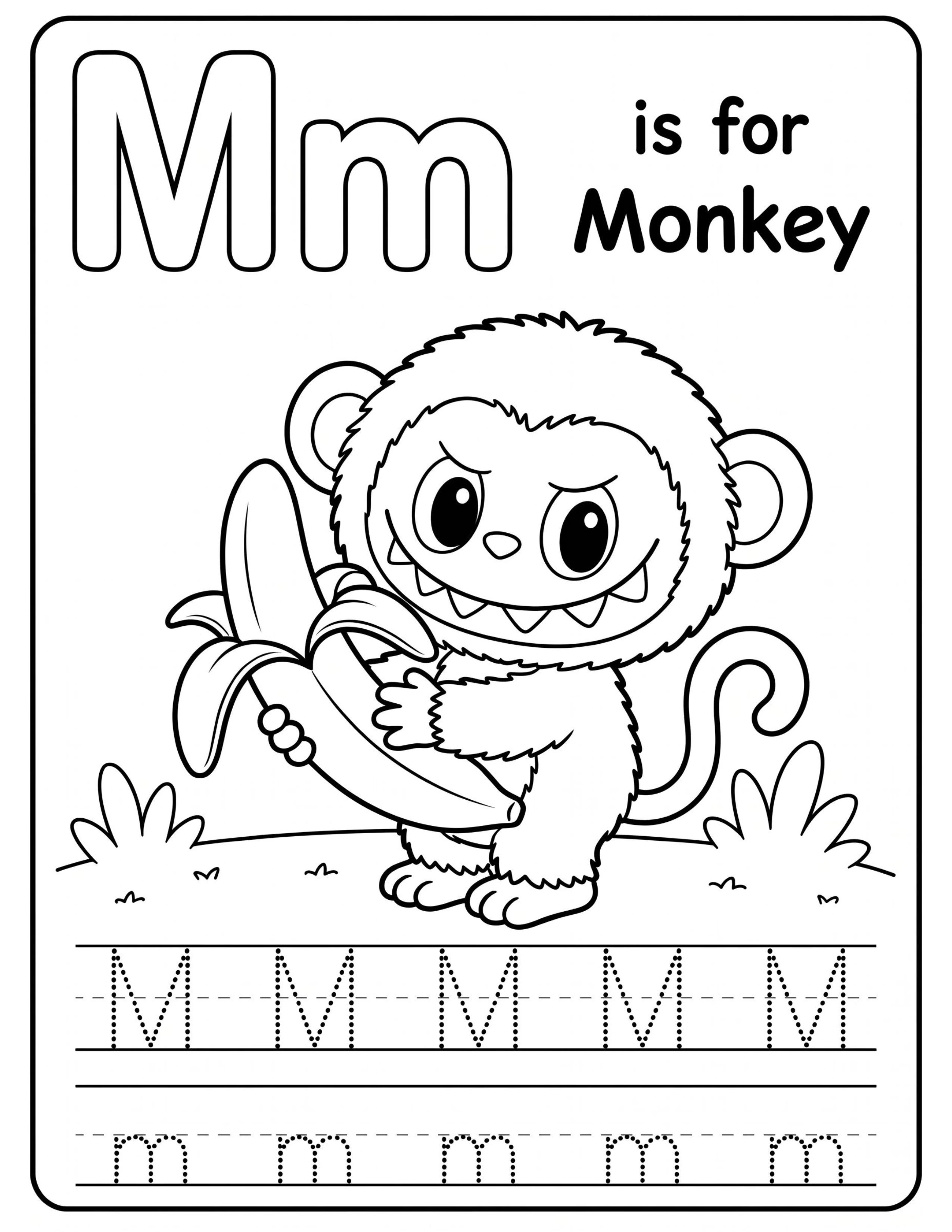 Educational Alphabet Letter M with Cute Labubu Coloring Pages