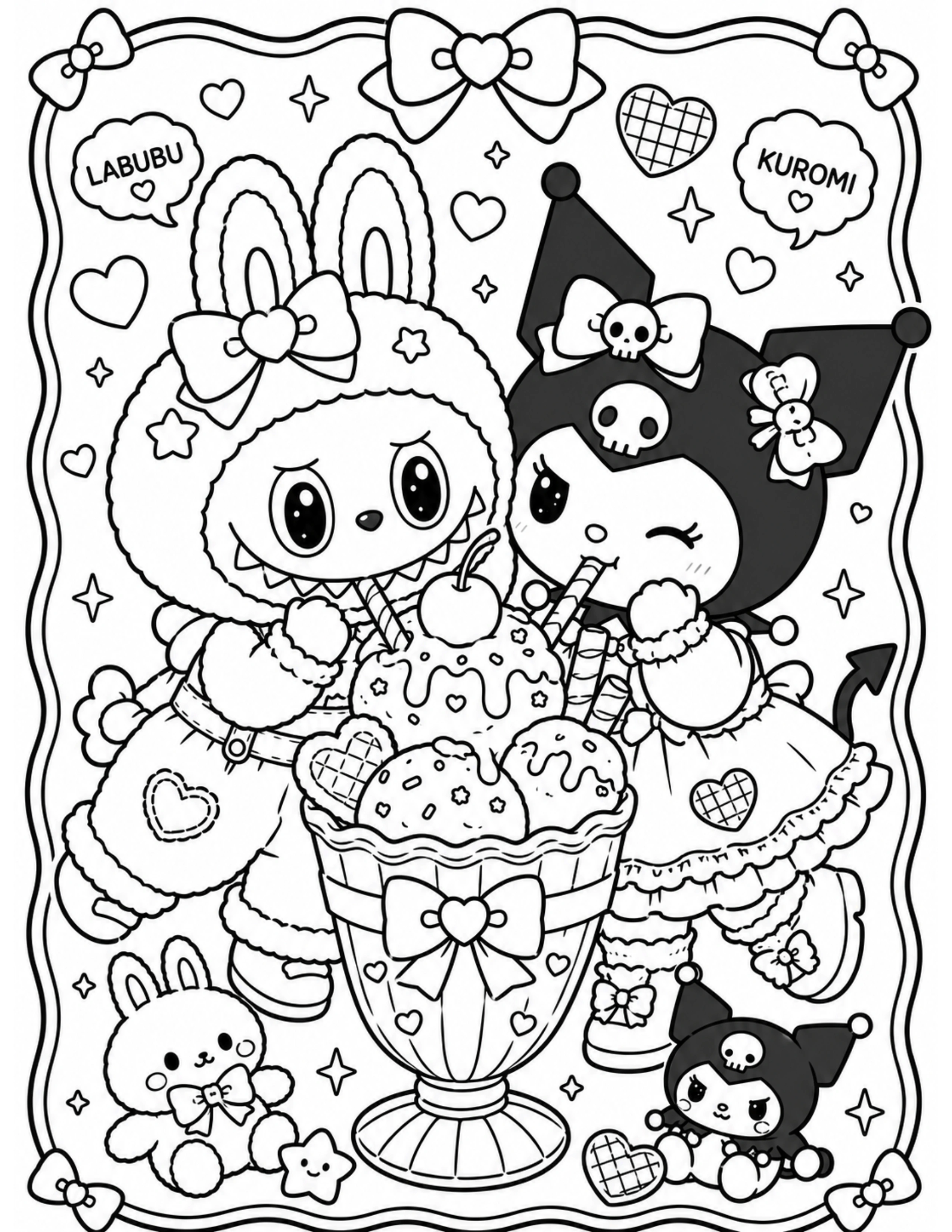 Kawaii Labubu and Kuromi Sharing a Giant Ice Cream Coloring Pages