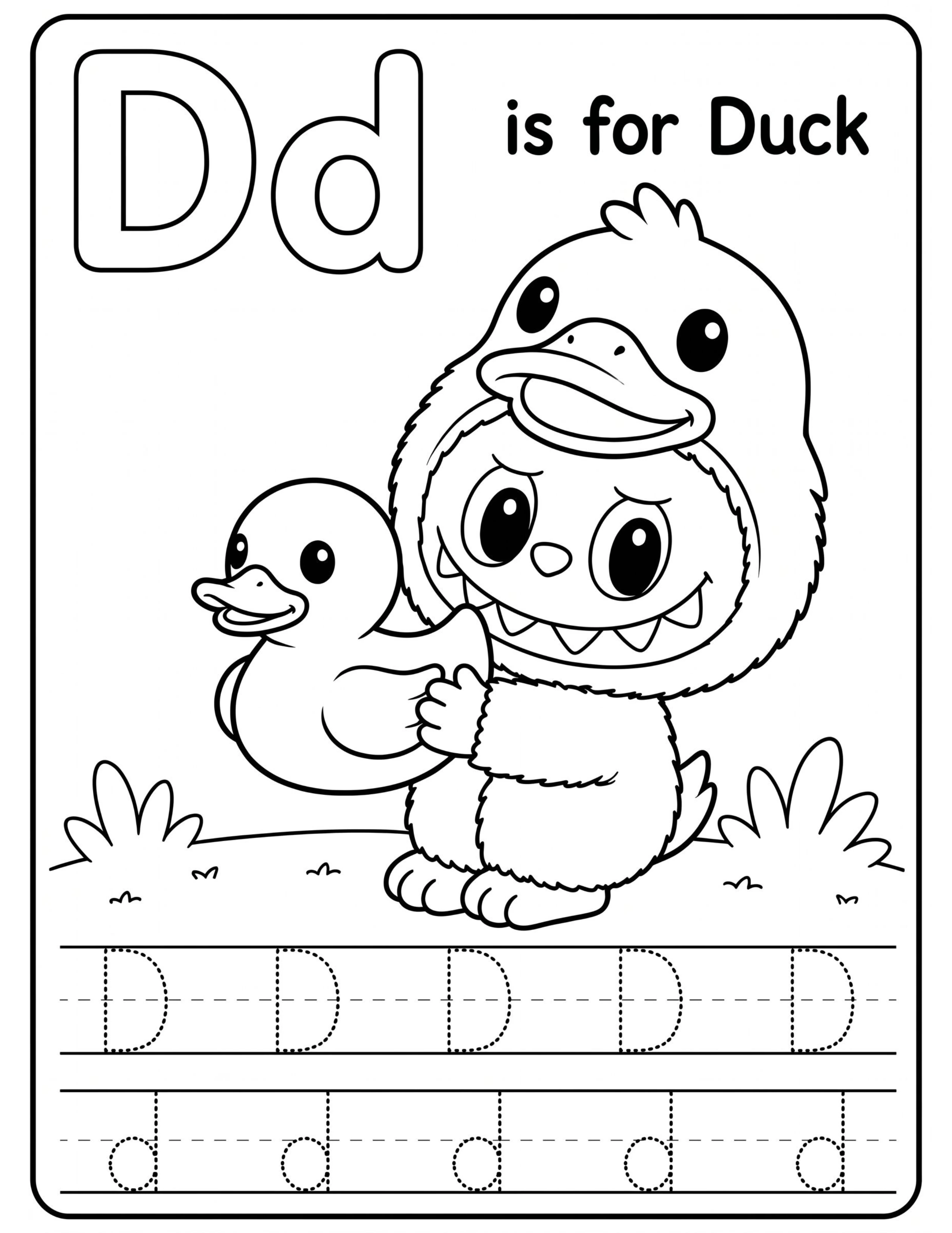 Educational Coloring Pages Alphabet Letter D with Cute Labubu