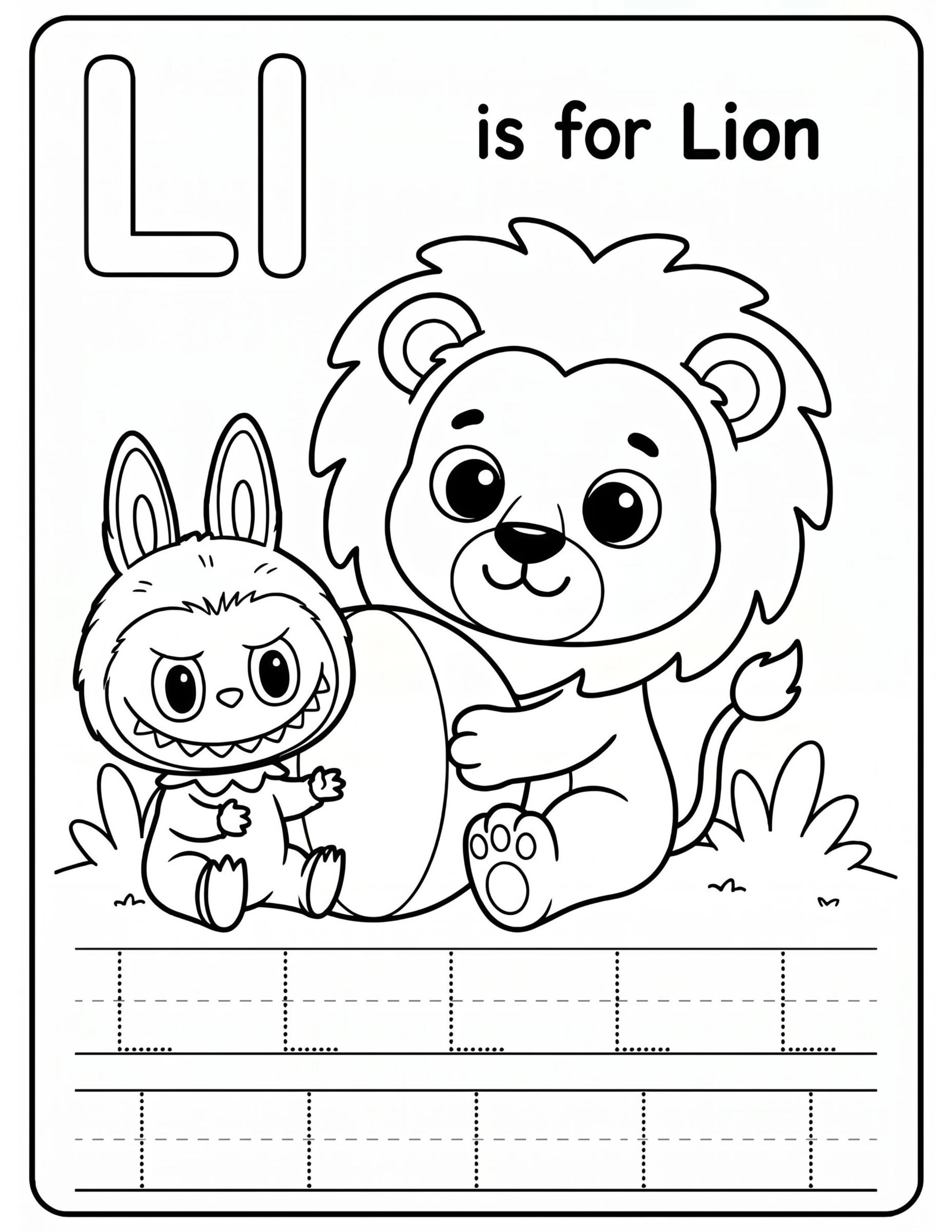 Educational Alphabet Letter L with Cute Labubu Coloring Pages