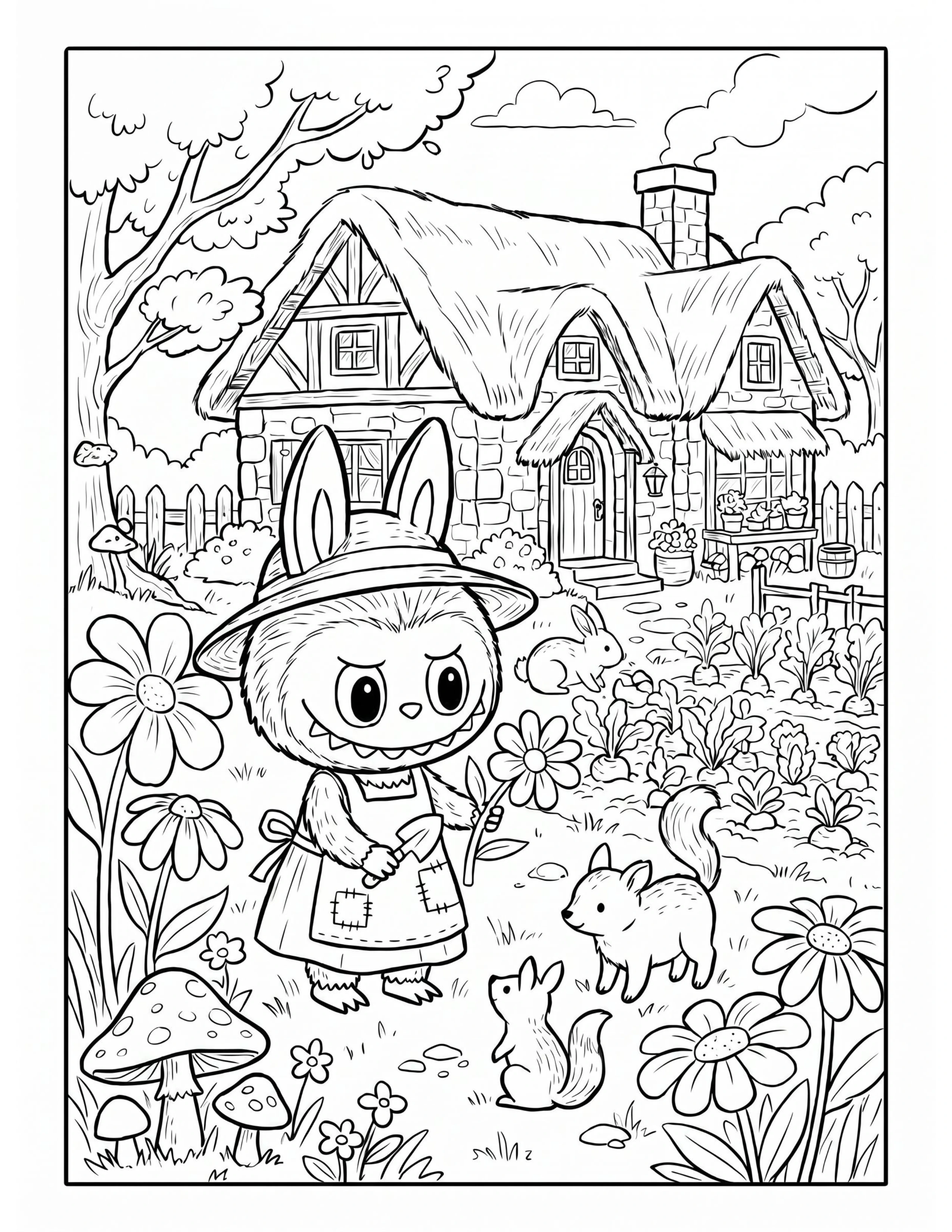 Delightful Cottagecore Coloring Pages with Cute Labubu