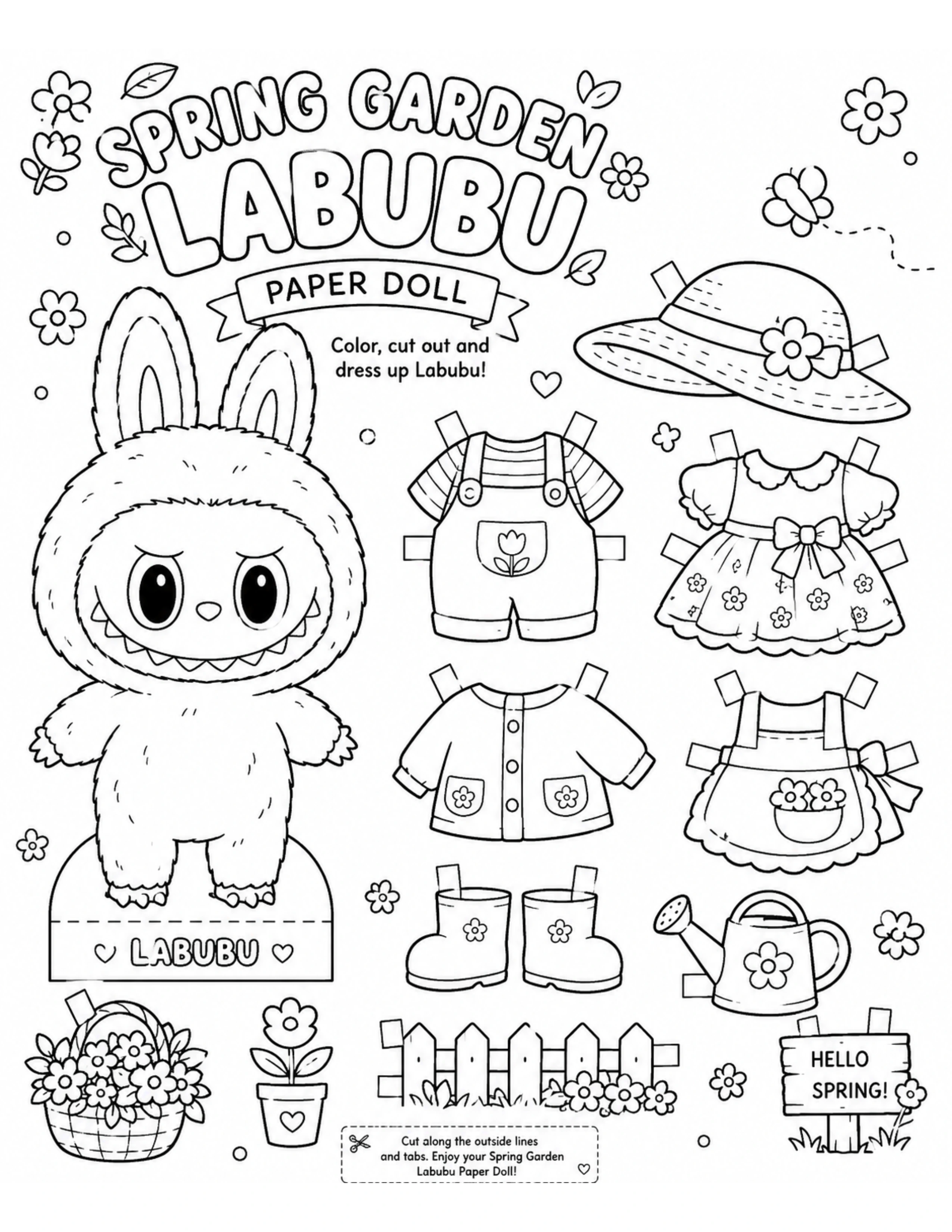 Spring Garden Labubu Paper Doll Coloring Pages