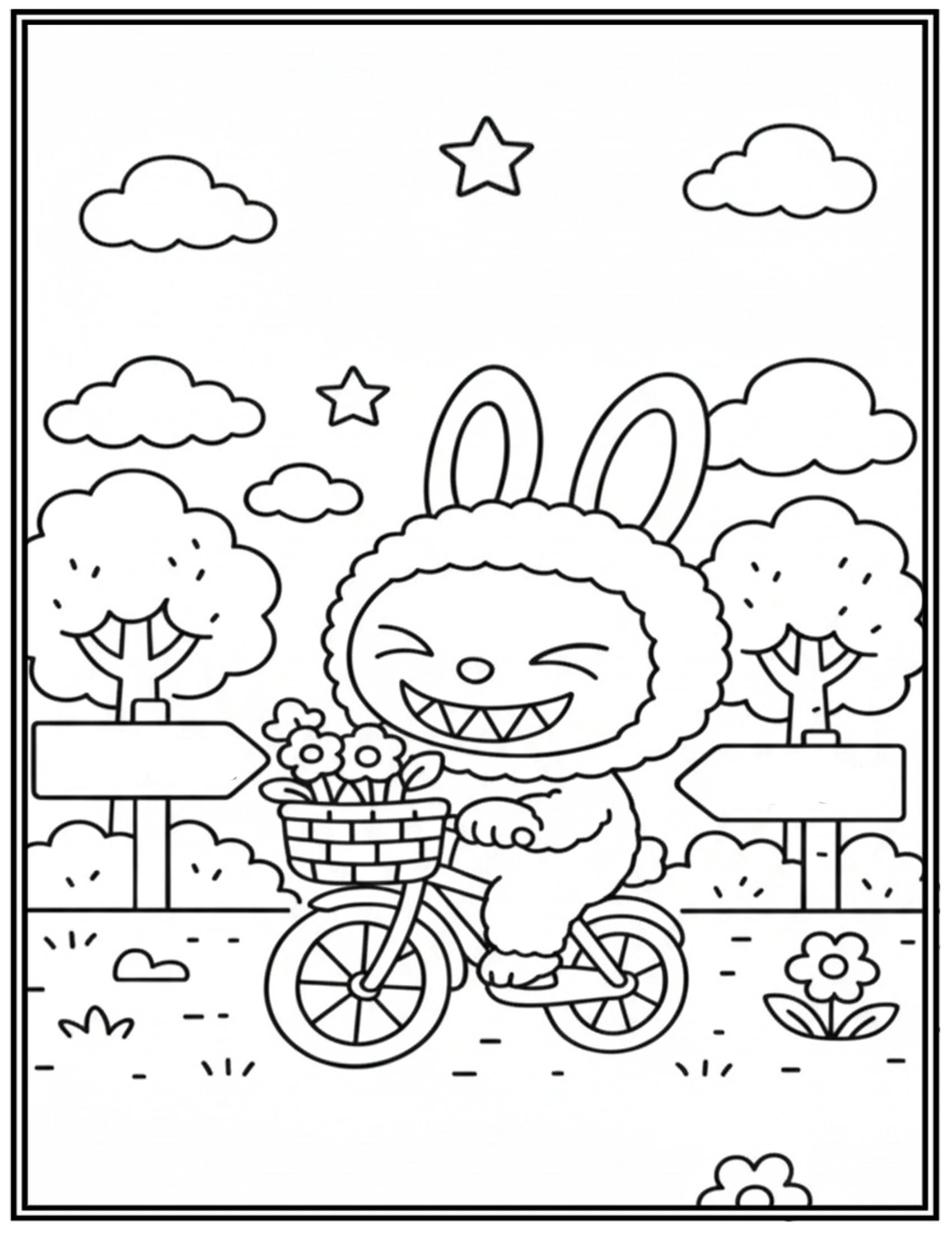 A Bright Day Labubu Riding Bike Coloring Pages