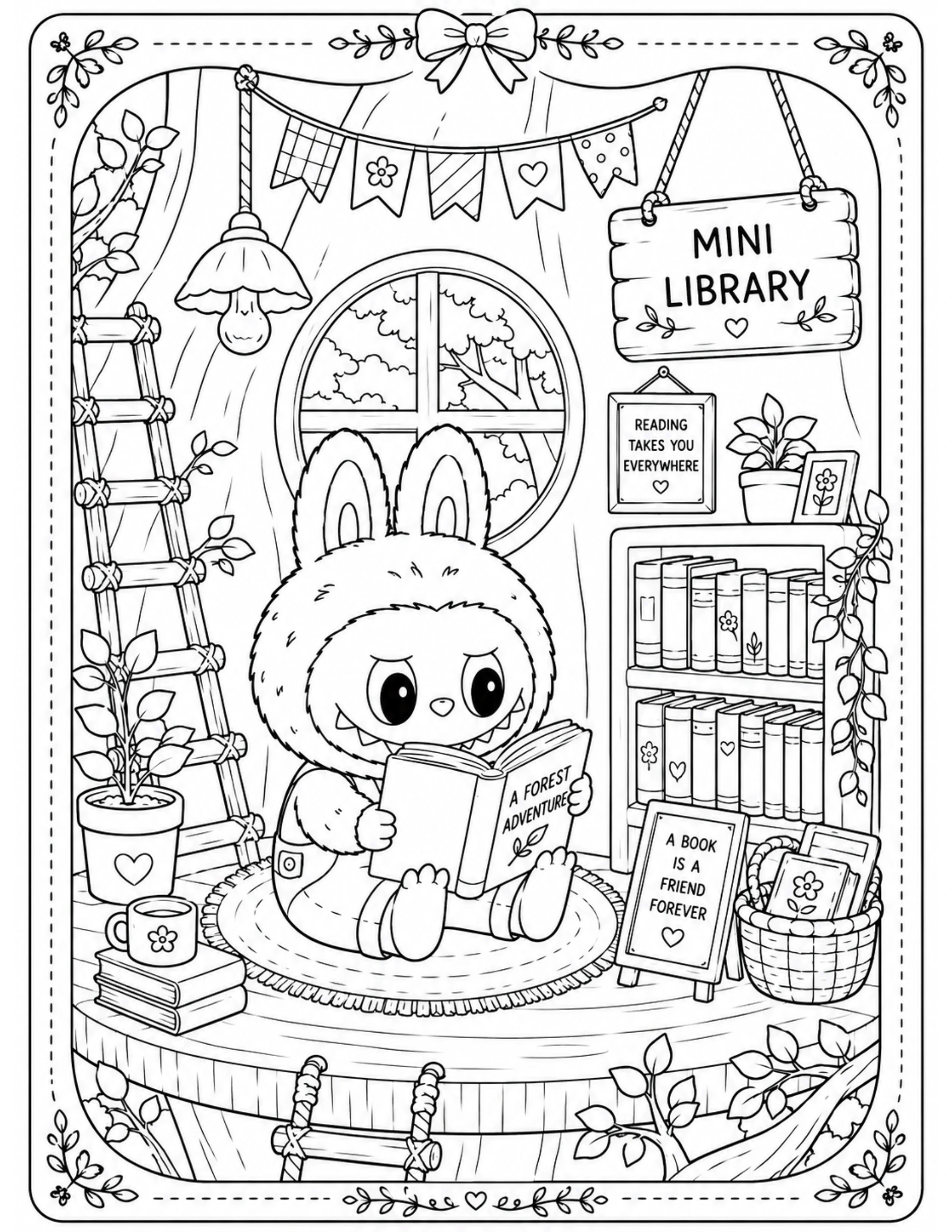 Cottagecore Labubu Reading Inside a Cozy Mini Library Coloring Pages