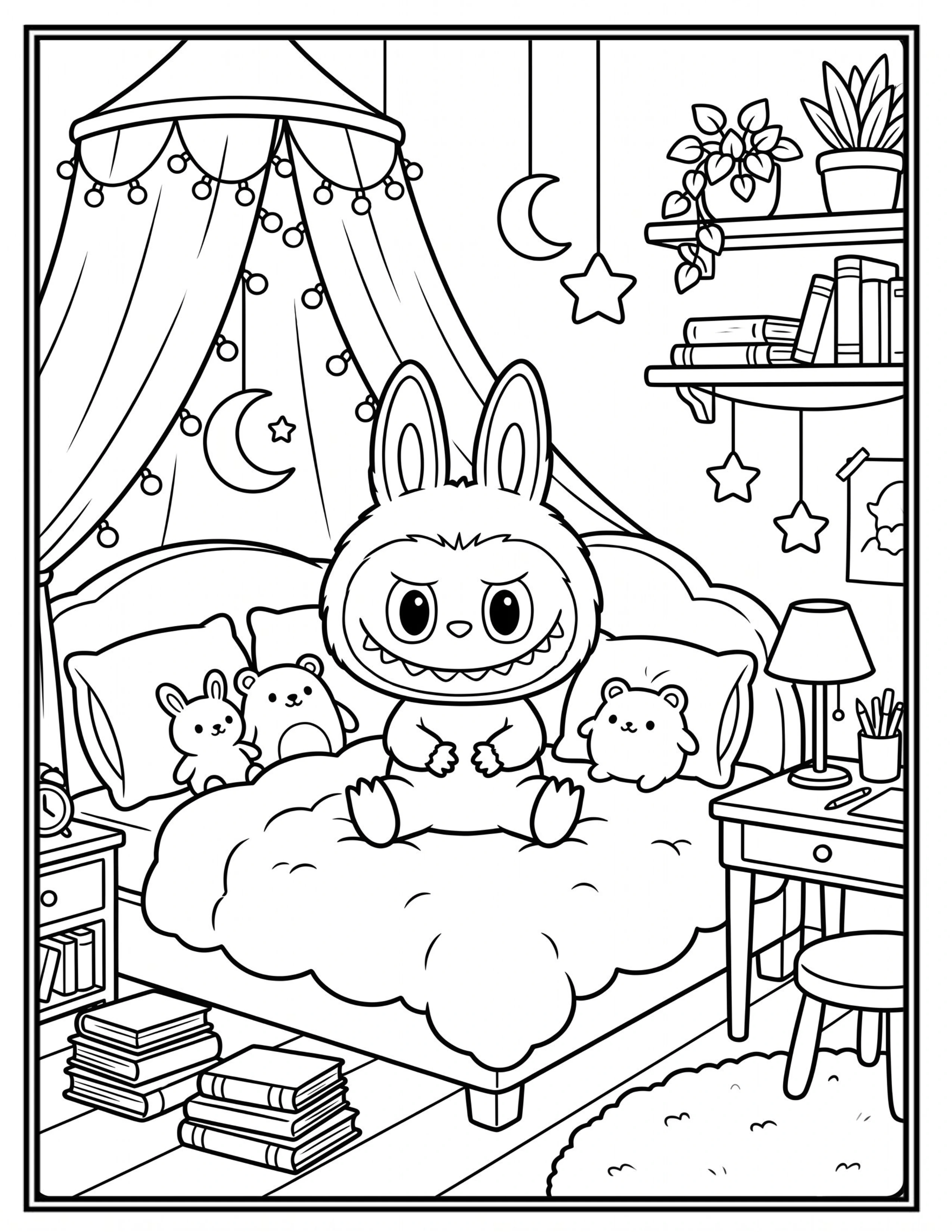 Labubu Aesthetic Coloring Pages Featuring a Cozy Bedroom