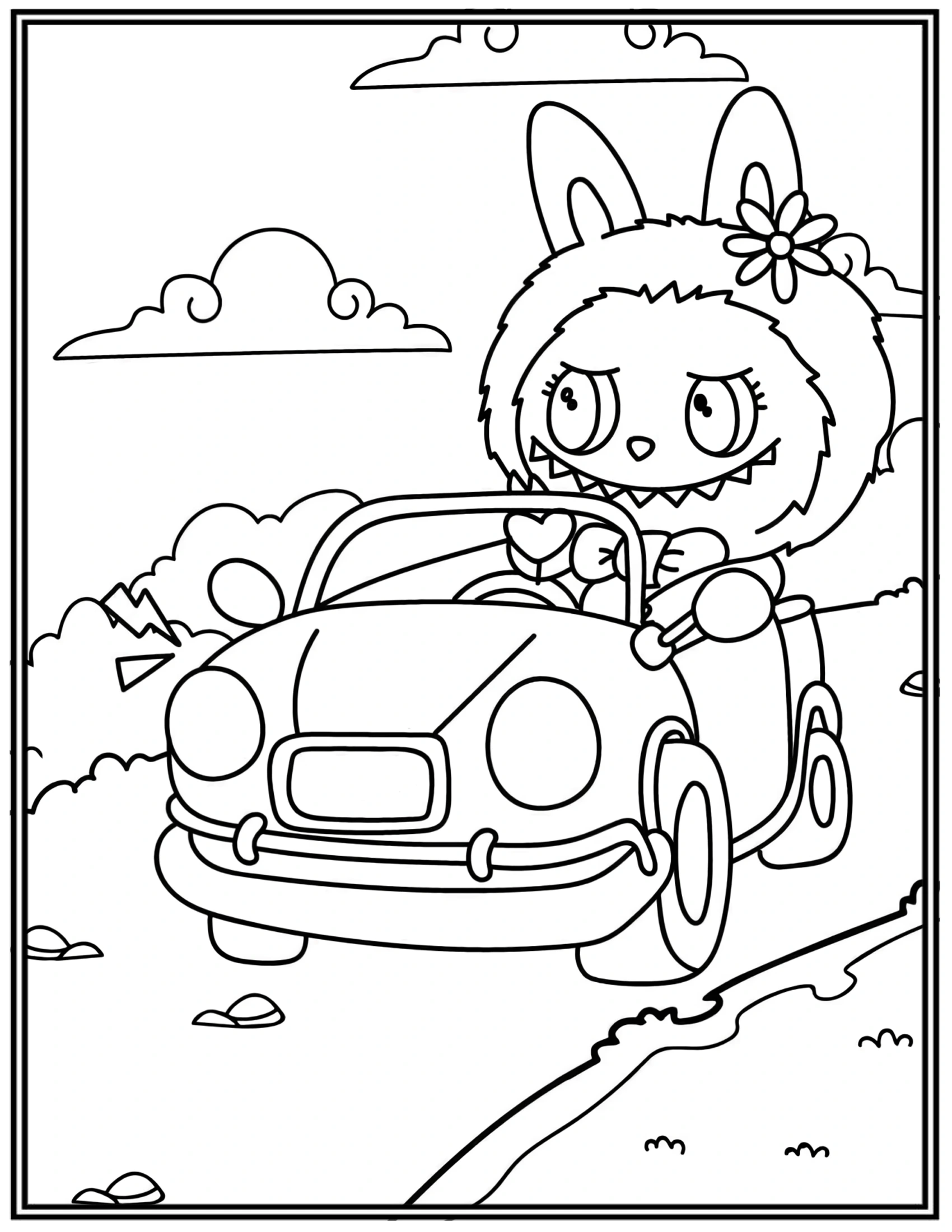 Happily Driving Labubu Riding Cute Car Coloring Pages