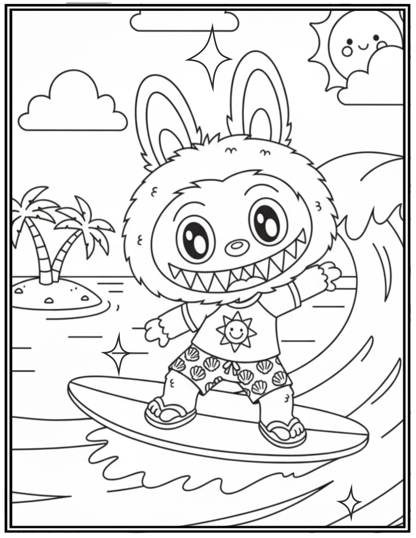 Labubu Surfing With a Bright Tropical Beach Background Coloring Pages
