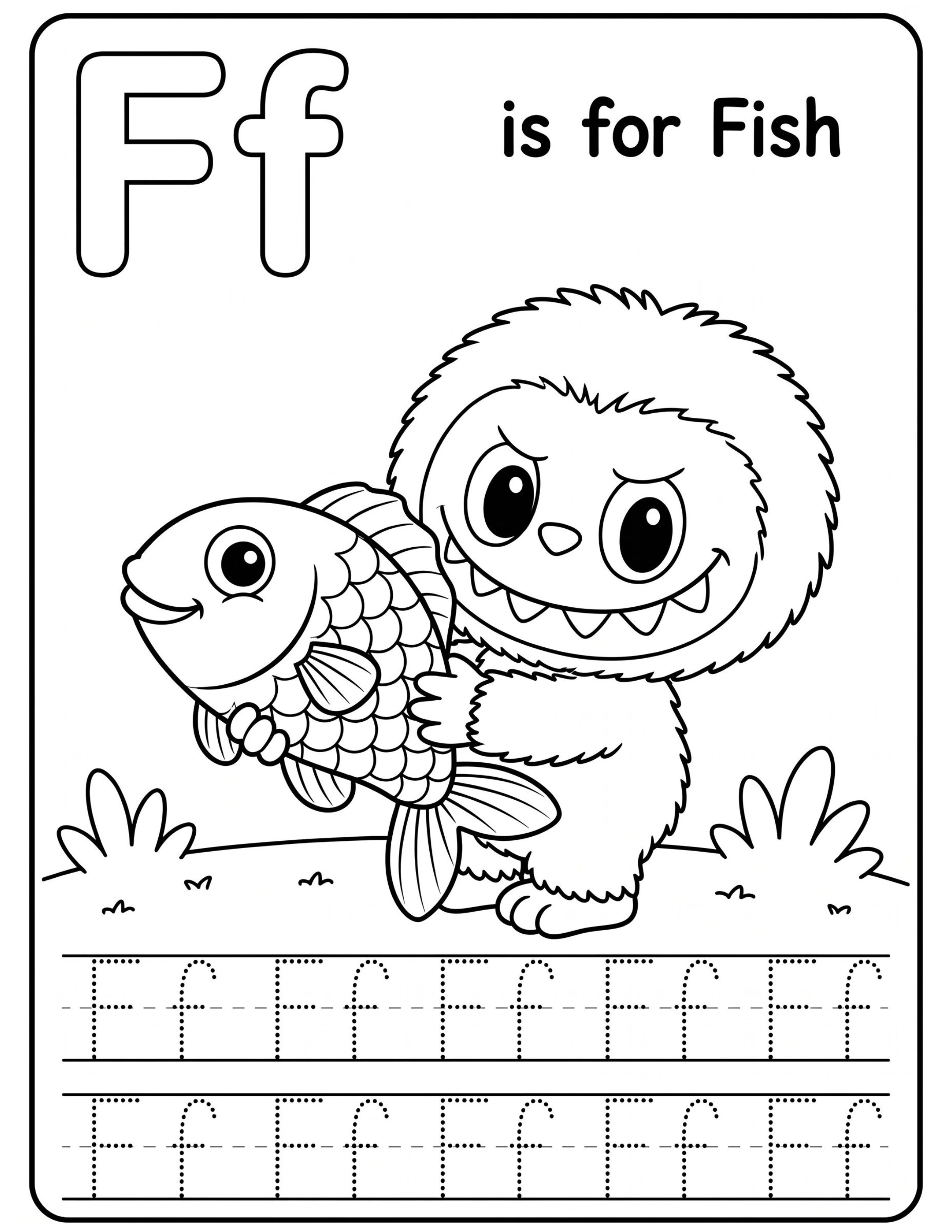 Educational Alphabet Letter F with Cute Labubu Coloring Pages