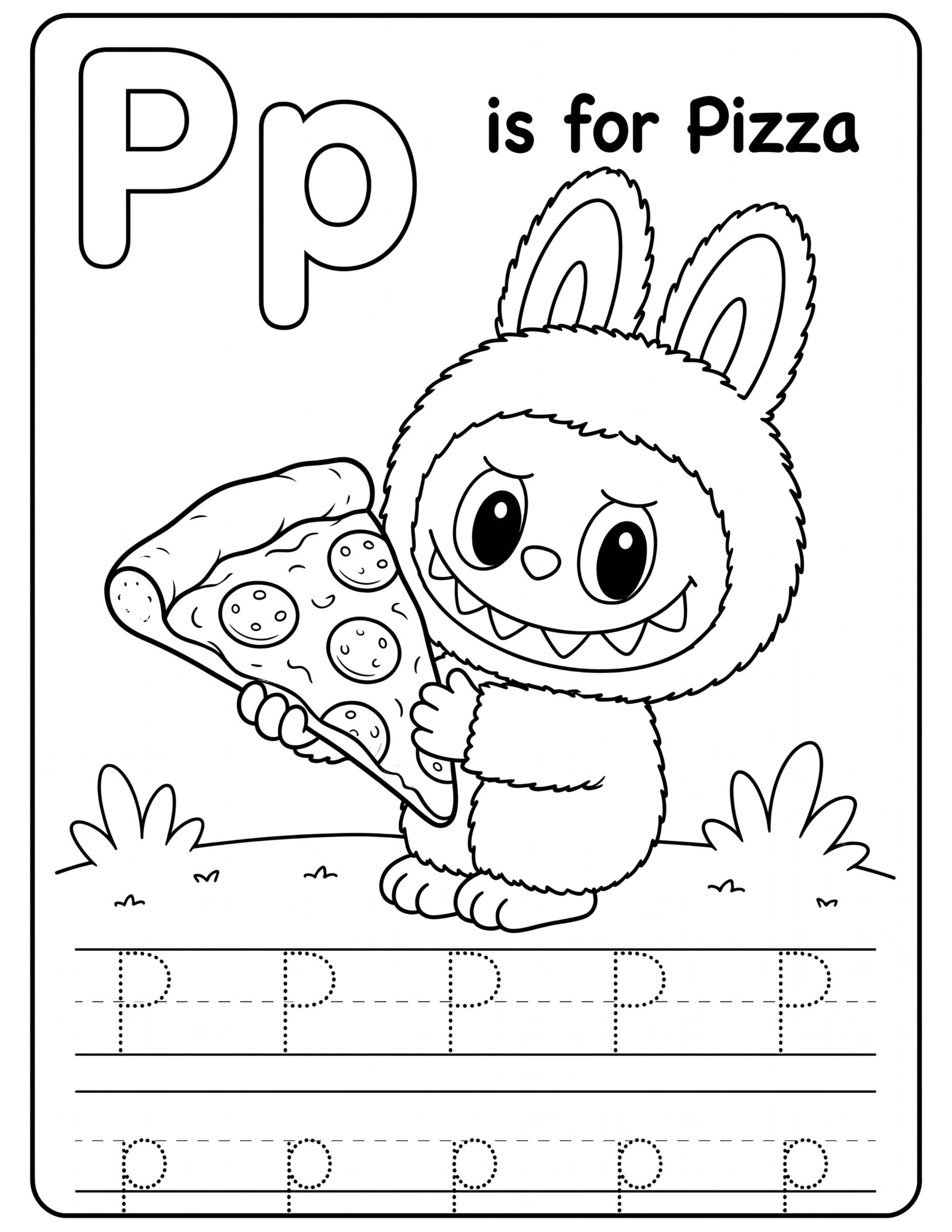 Educational Alphabet Letter P with Cute Labubu Coloring Pages
