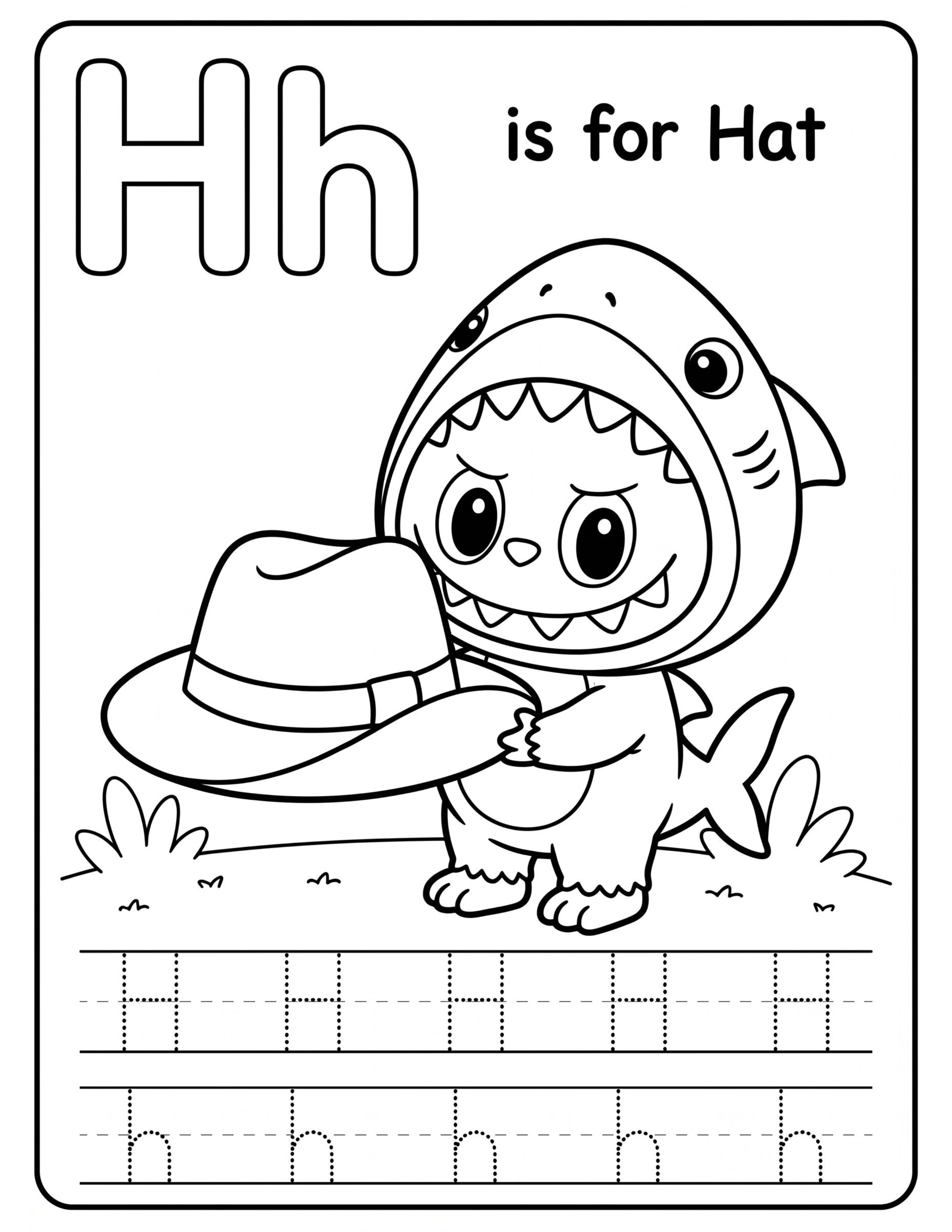Educational Alphabet Letter H with Cute Labubu Coloring Pages