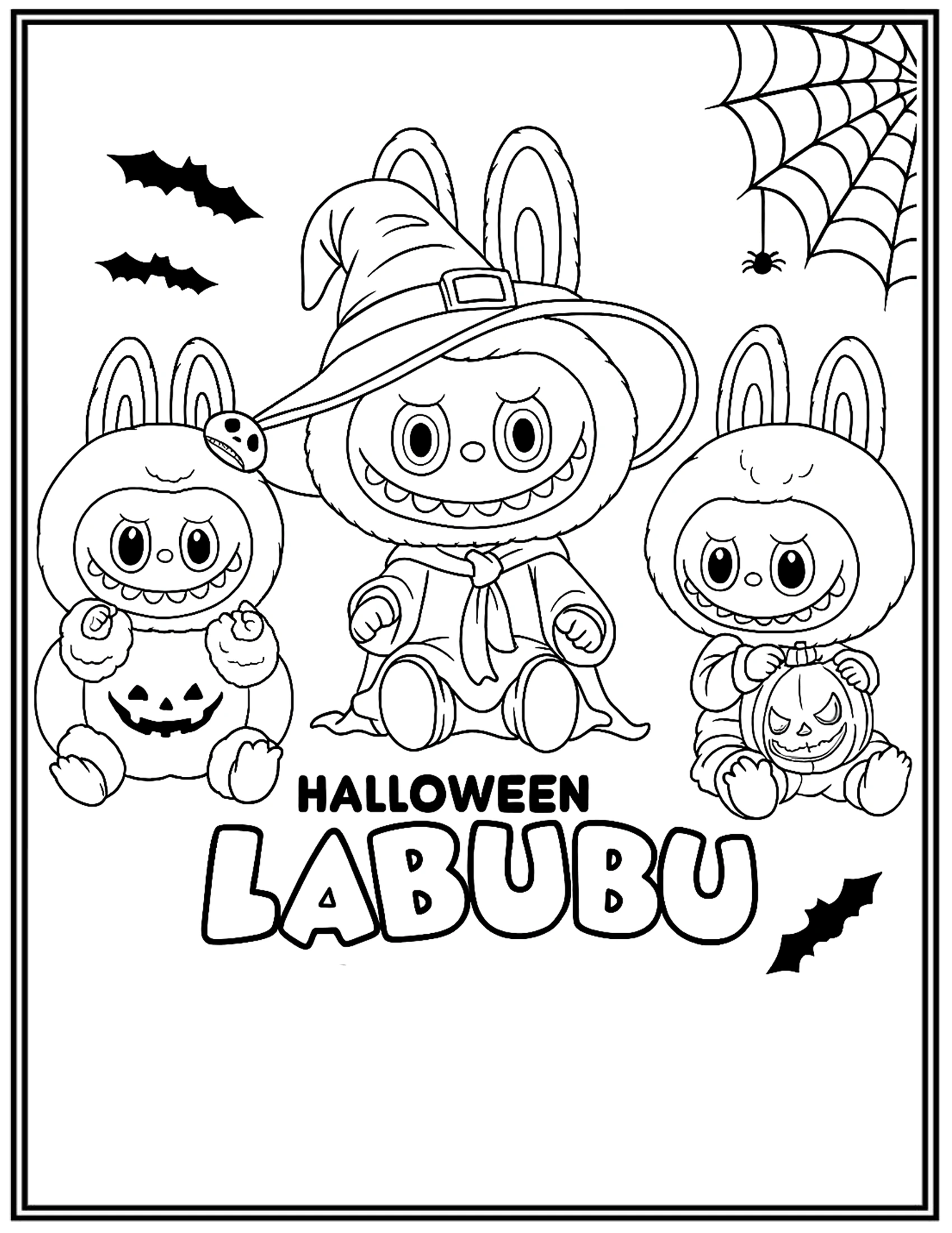 Three Cute Labubu Halloween Coloring Pages