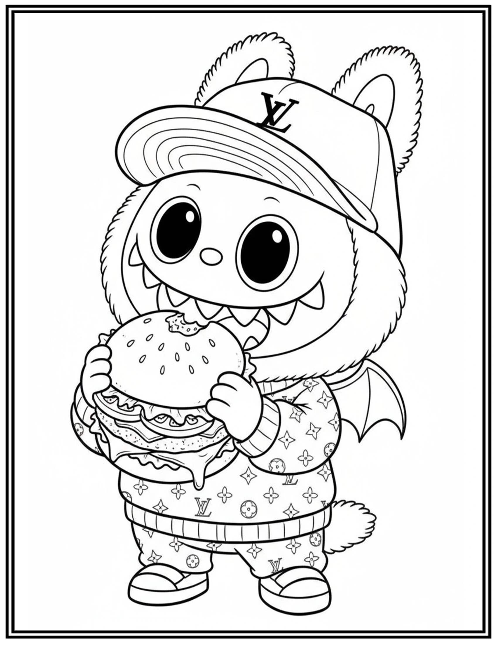 Labubu Happily Eating Delicious Burger Coloring Pages