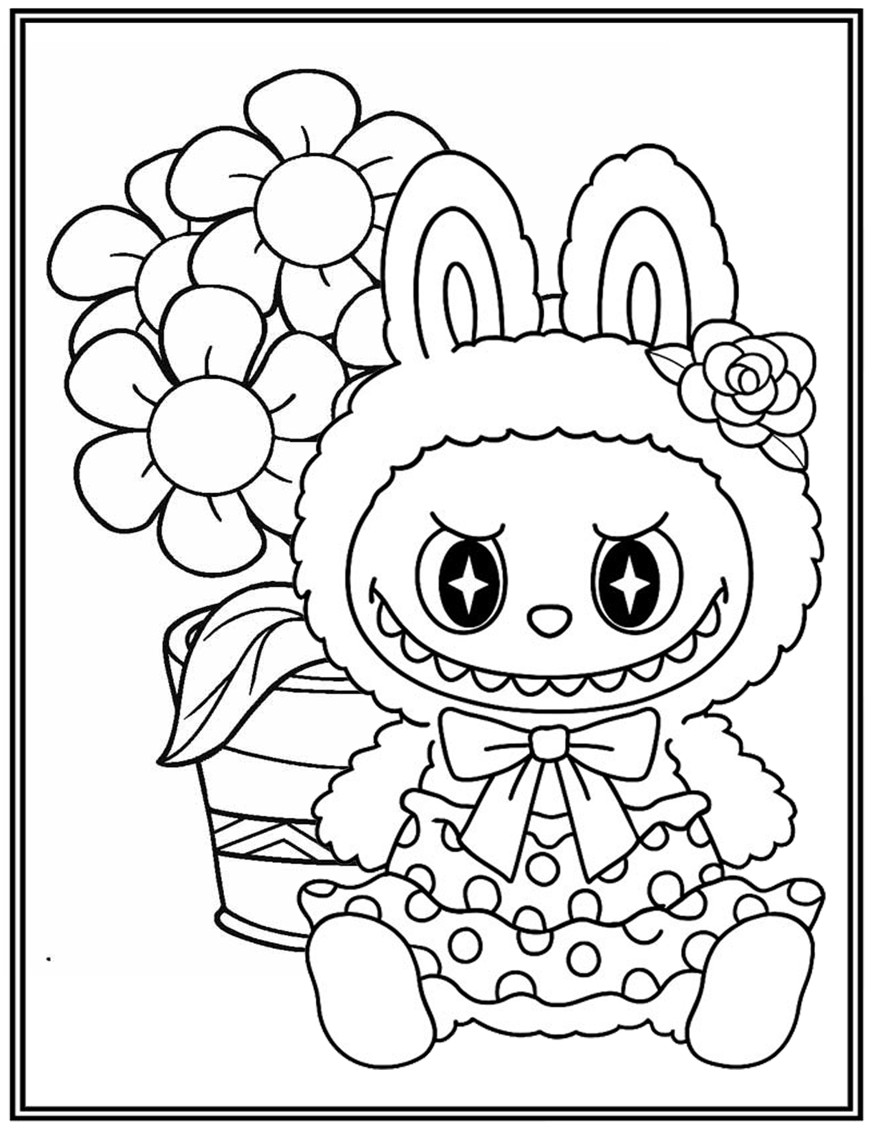 Cute Labubu With Cute Ribbon On The Front of Dress Coloring Pages