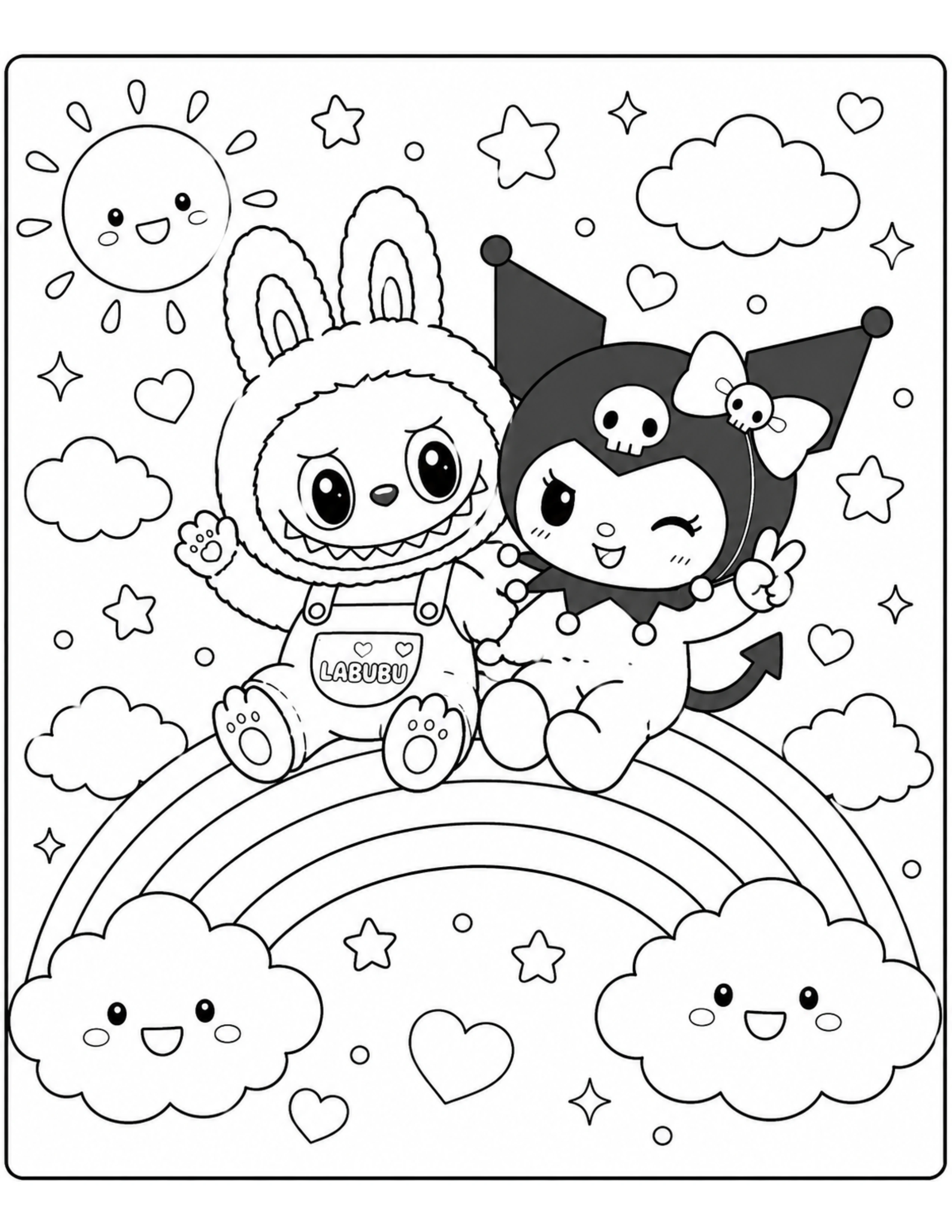 Labubu and Kuromi Riding a Rainbow Coloring Pages