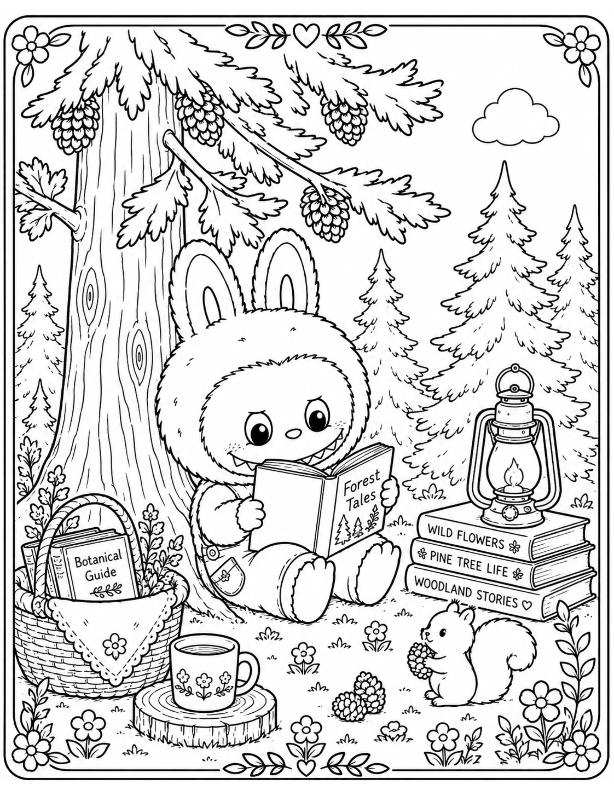 Cottagecore Labubu Reading Books Under a Pine Tree Coloring Page
