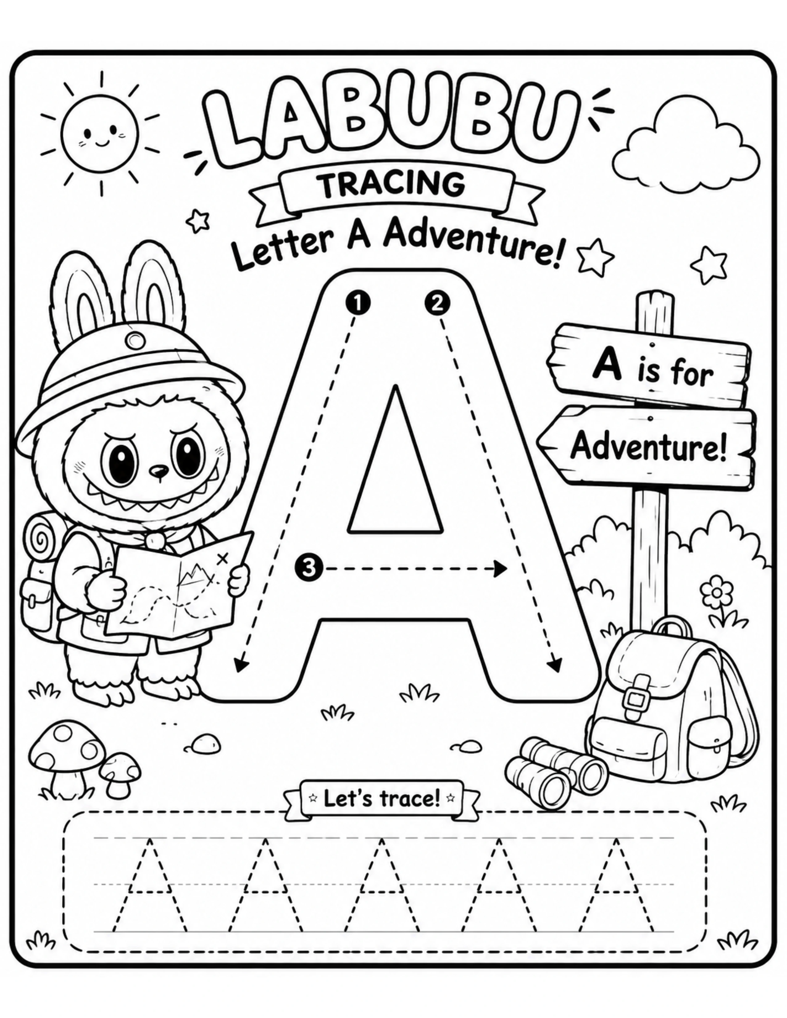 Labubu Tracing Letter A Adventure Coloring Pages