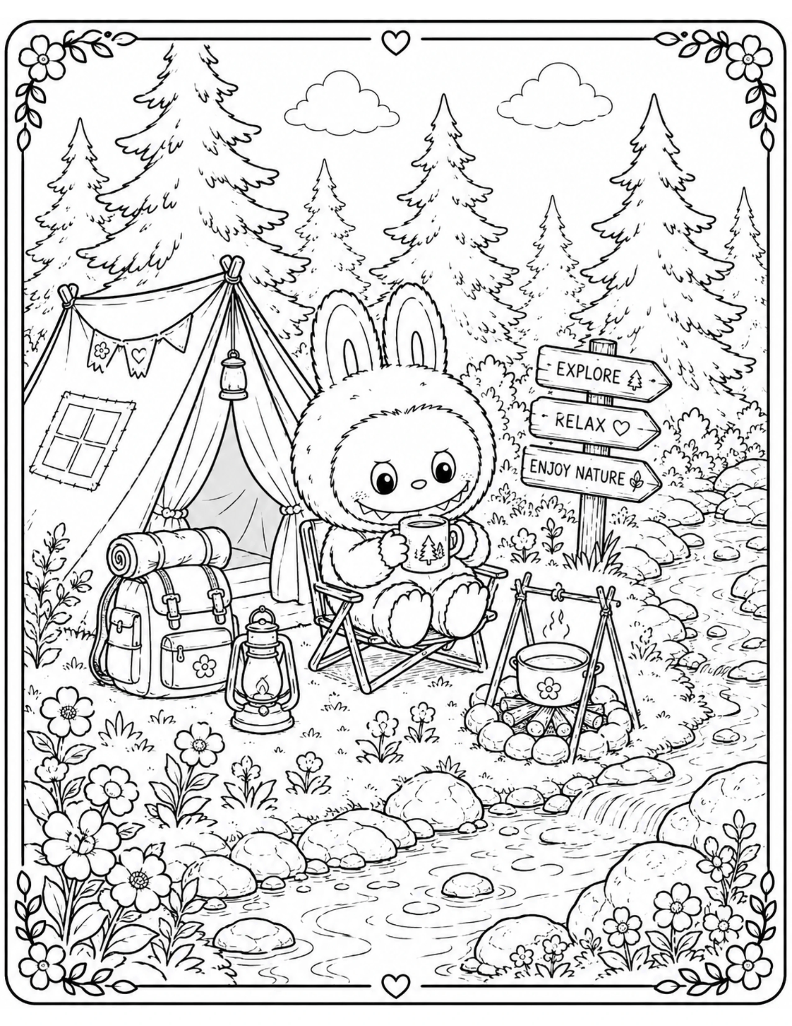 Cozy Cottagecore Labubu Camping Beside a Forest Stream Coloring Page