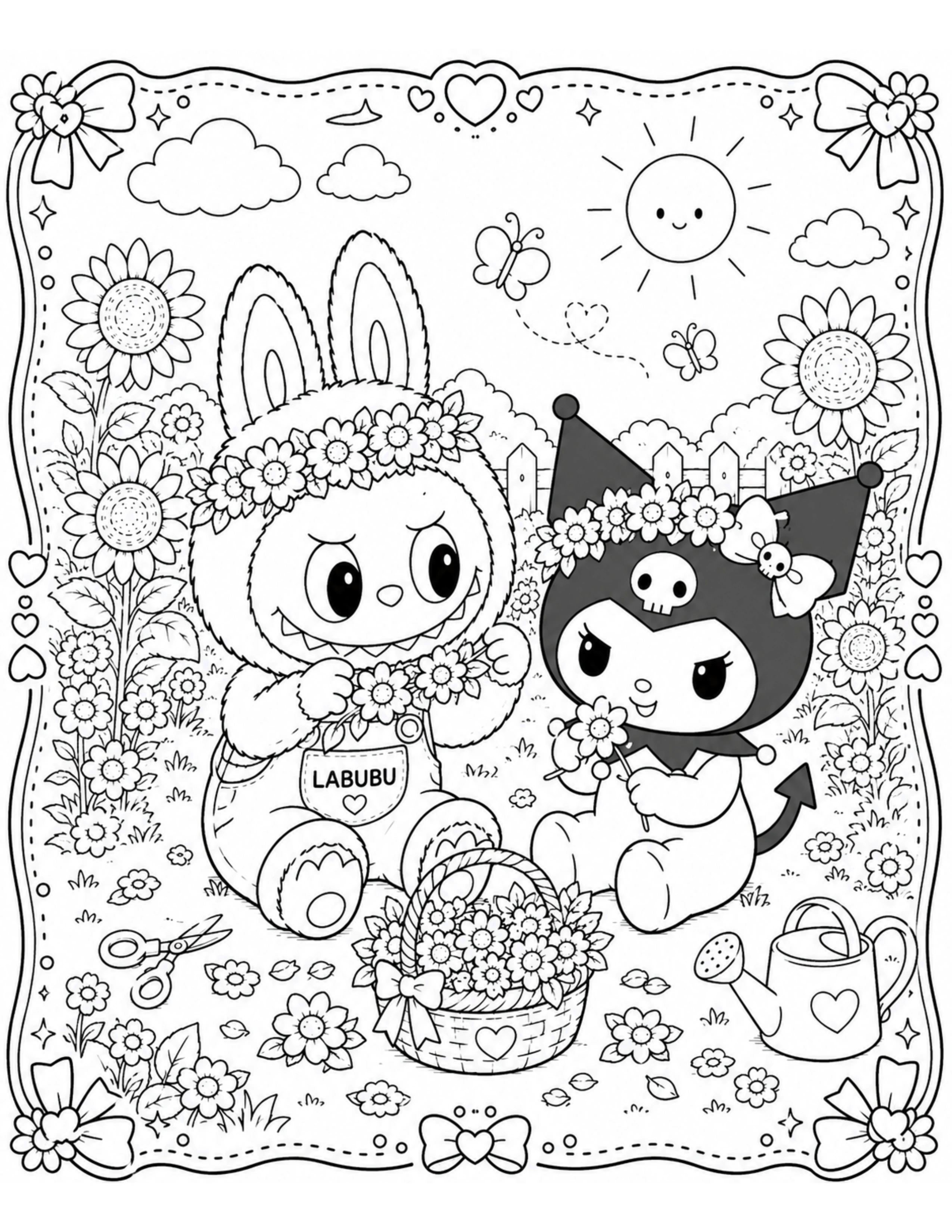 Labubu and Kuromi Making Flower Crowns Coloring Pages