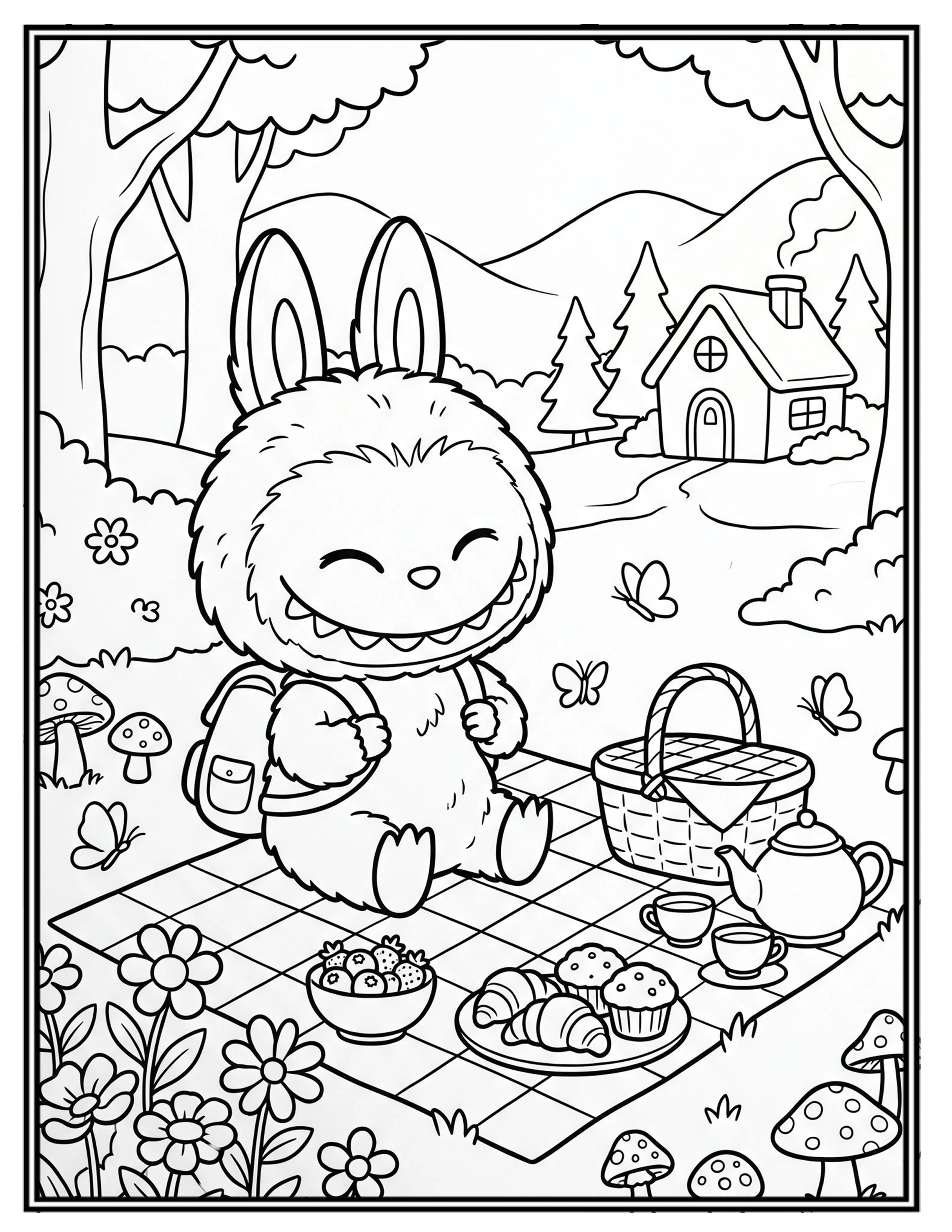 Cottagecore Coloring Pages - A cute Labubu Sitting on a Picnic Blanket in a Cottagecore Meadow