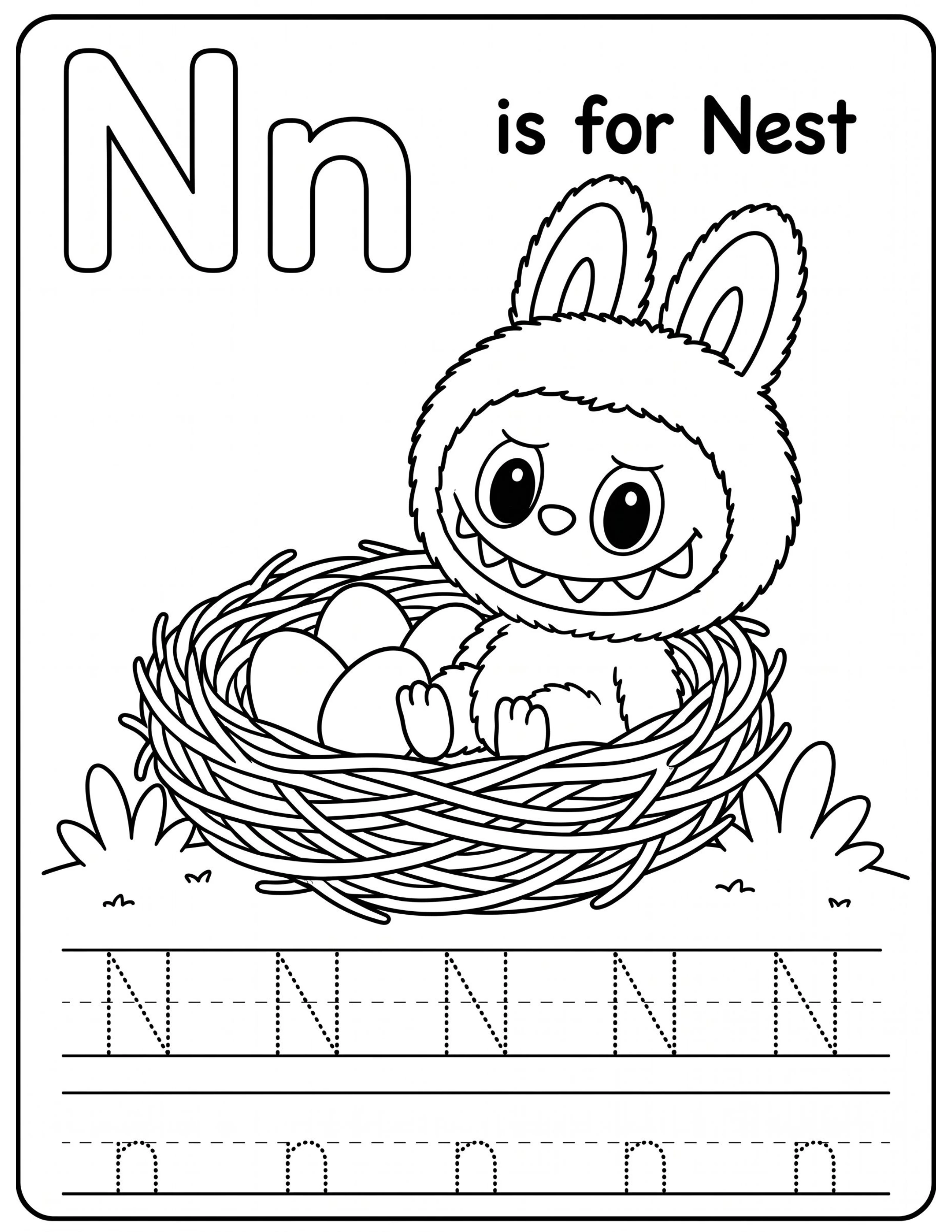 Educational Alphabet Letter N with Cute Labubu Coloring Pages