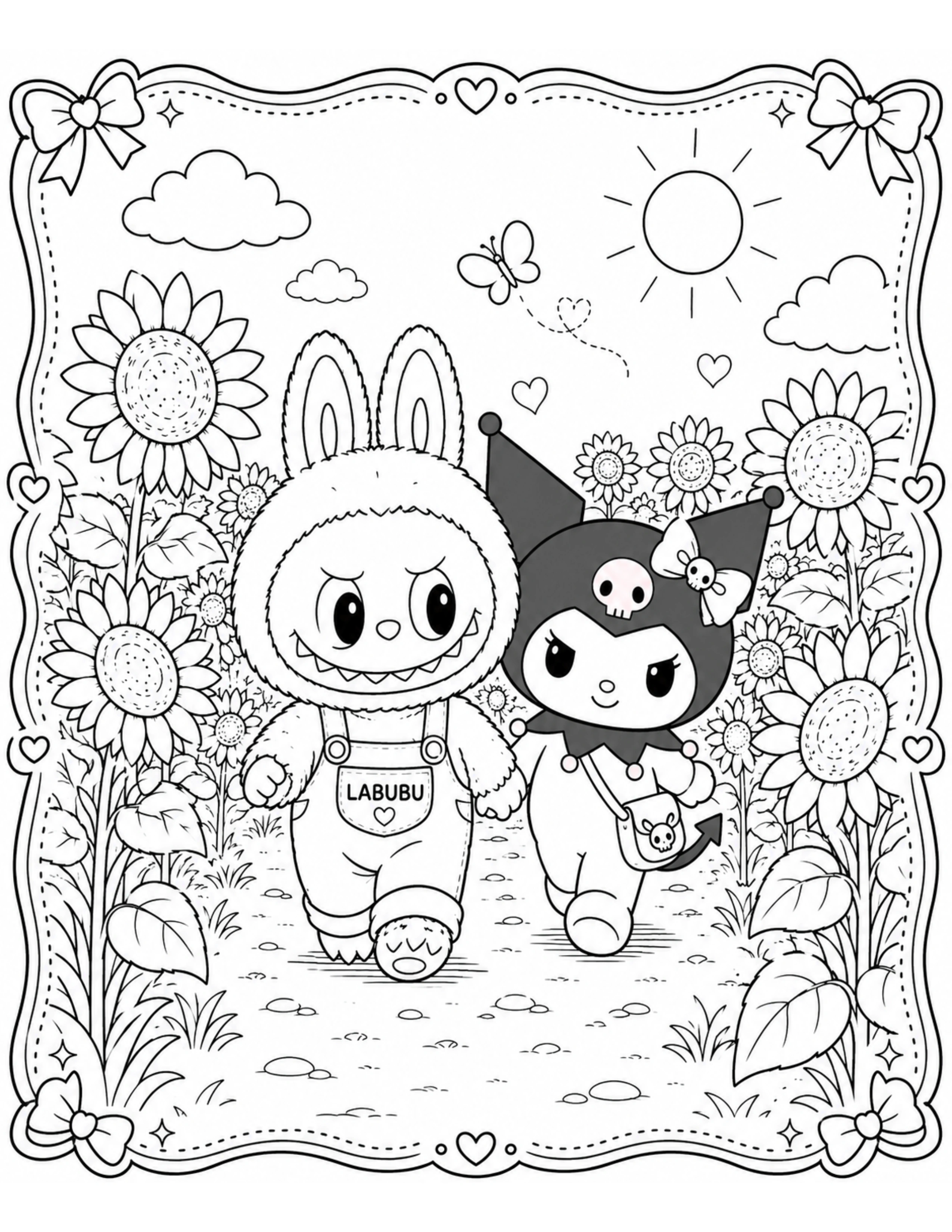 Labubu and Kuromi Walking Through a Sunflower Field coloring pages