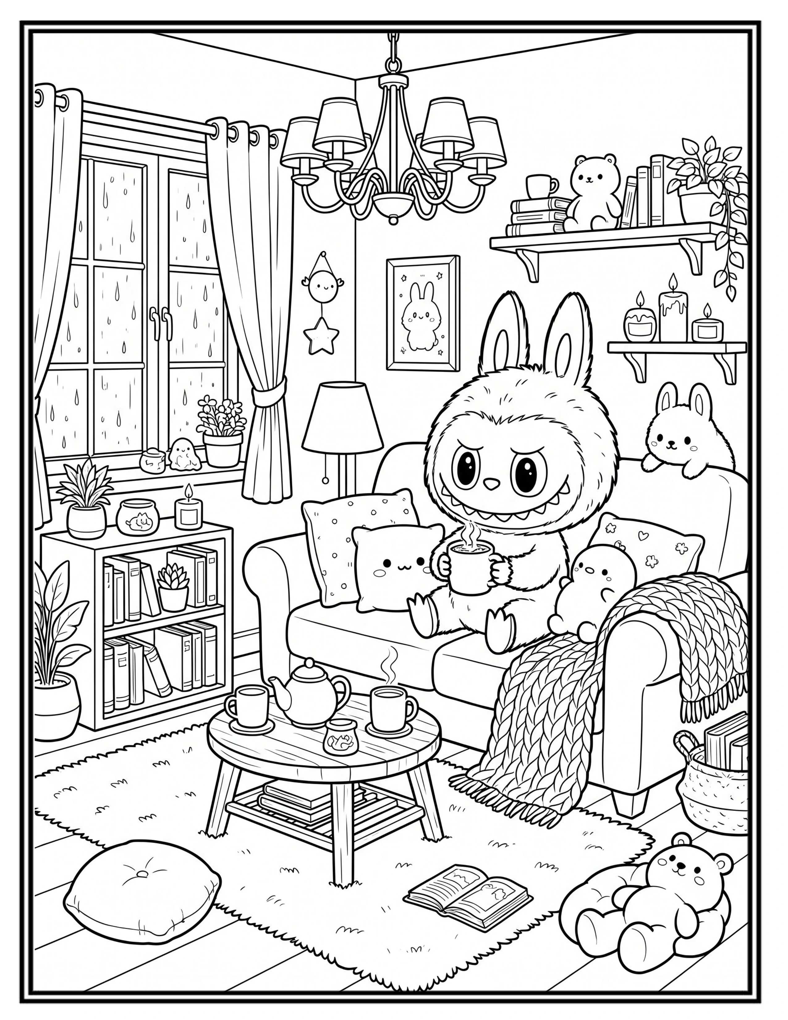 Cozy Aesthetic Living Room with Labubu Drink Tea Coloring Pages