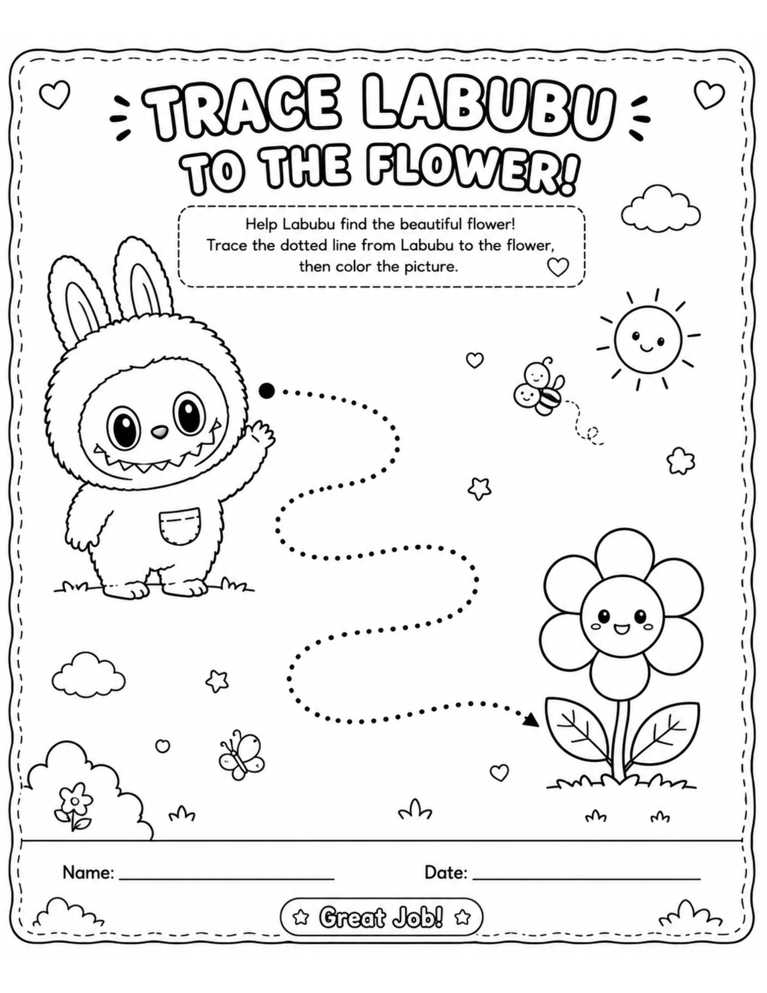 Trace Cute Labubu to The Flower Coloring Page