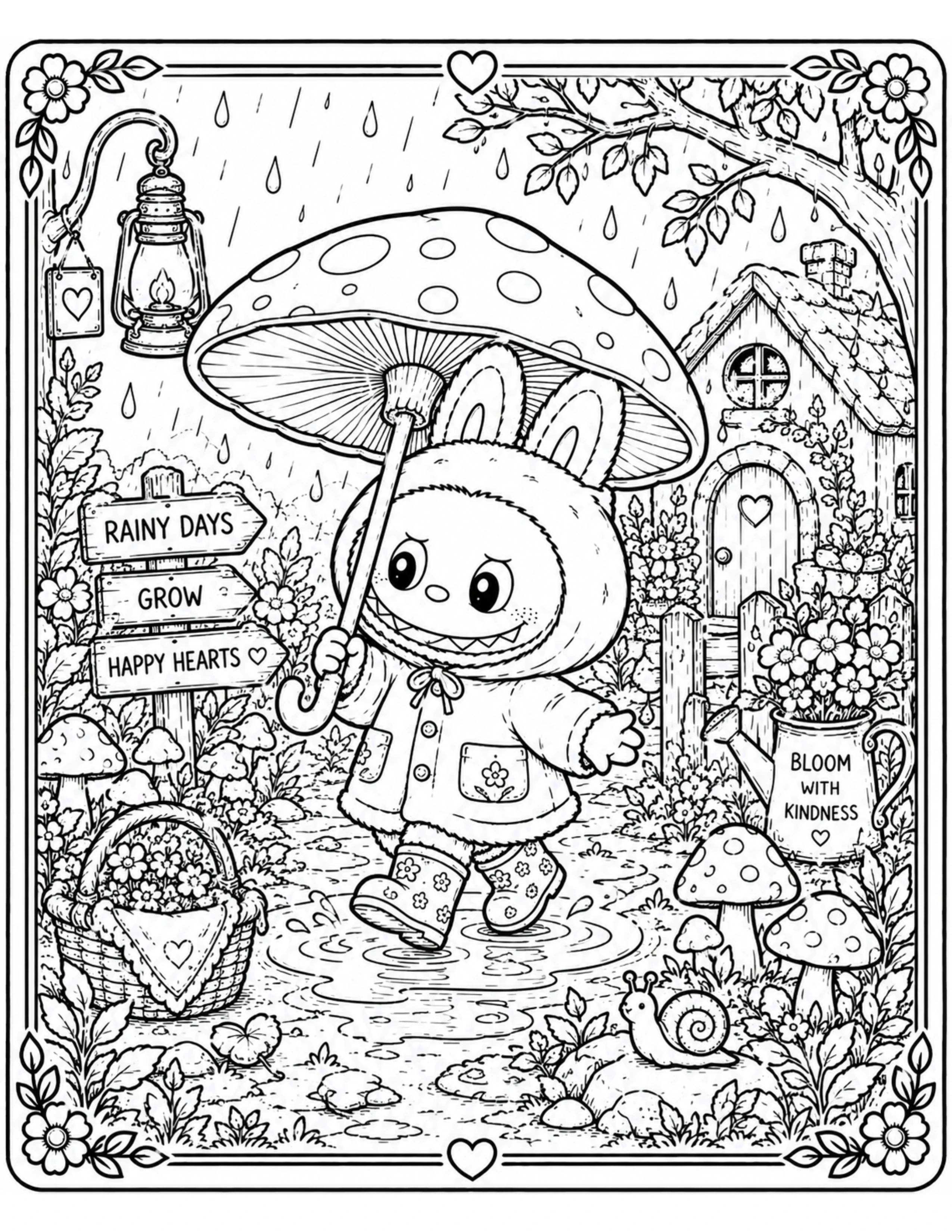 Cottagecore Labubu Enjoying a Rainy Day Under a Mushroom Umbrella Coloring Pages