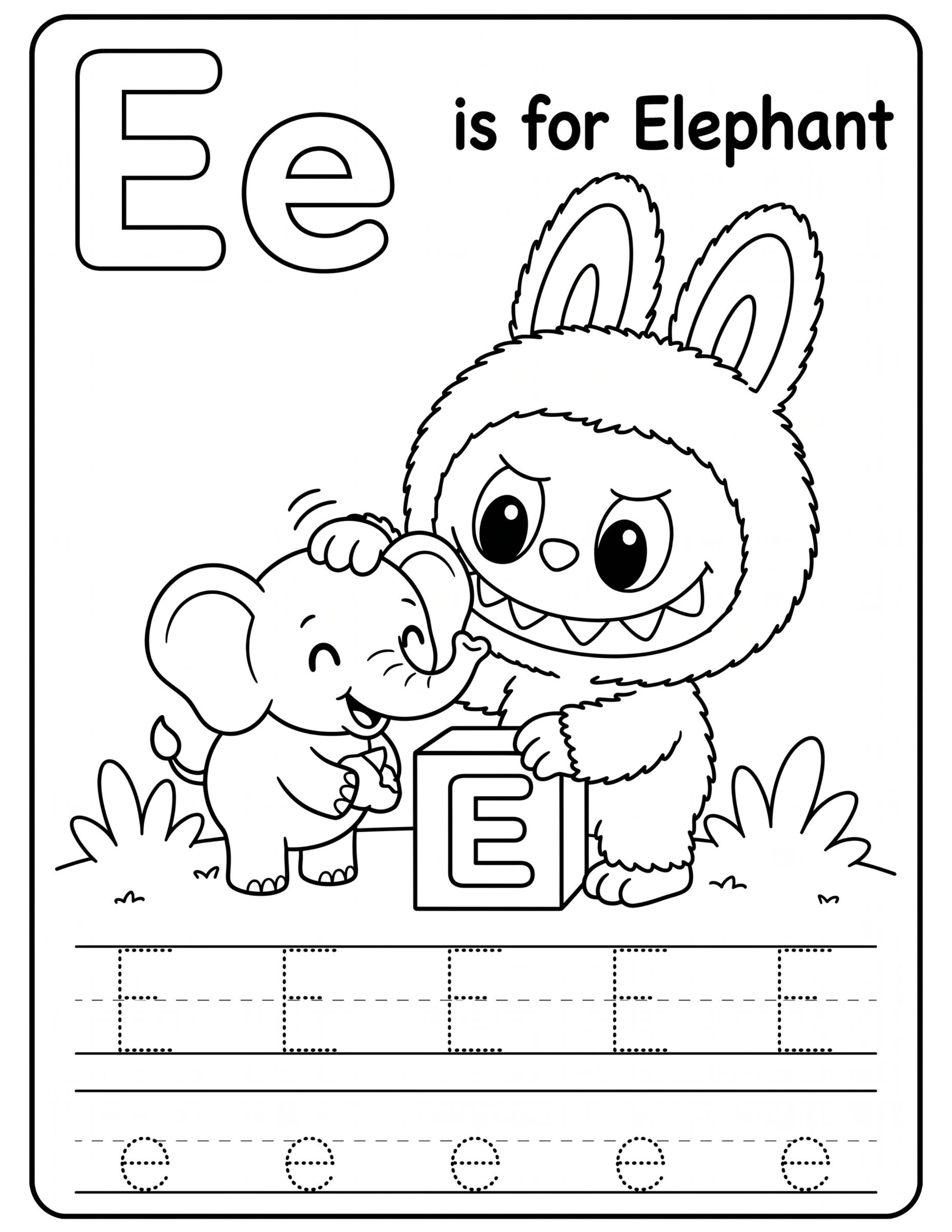 Educational Coloring Pages Alphabet Letter E with Cute Labubu