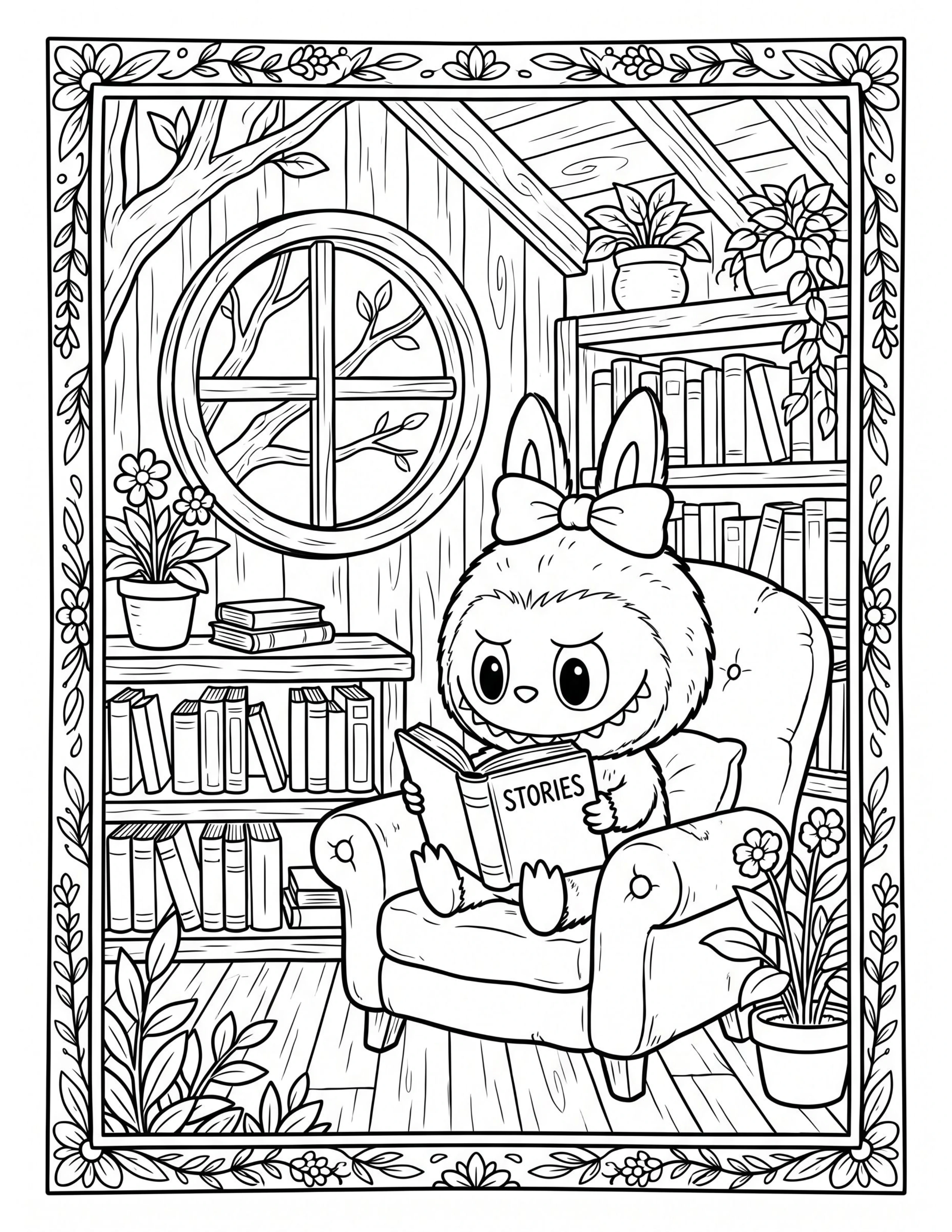 Cottagecore Labubu Reading at Cozy Treehouse Library Coloring Pages