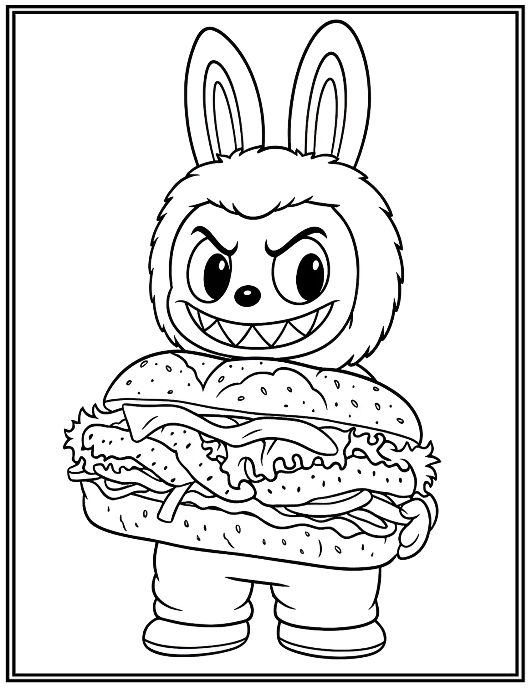 Labubu Eating Giant Burger Coloring Pages