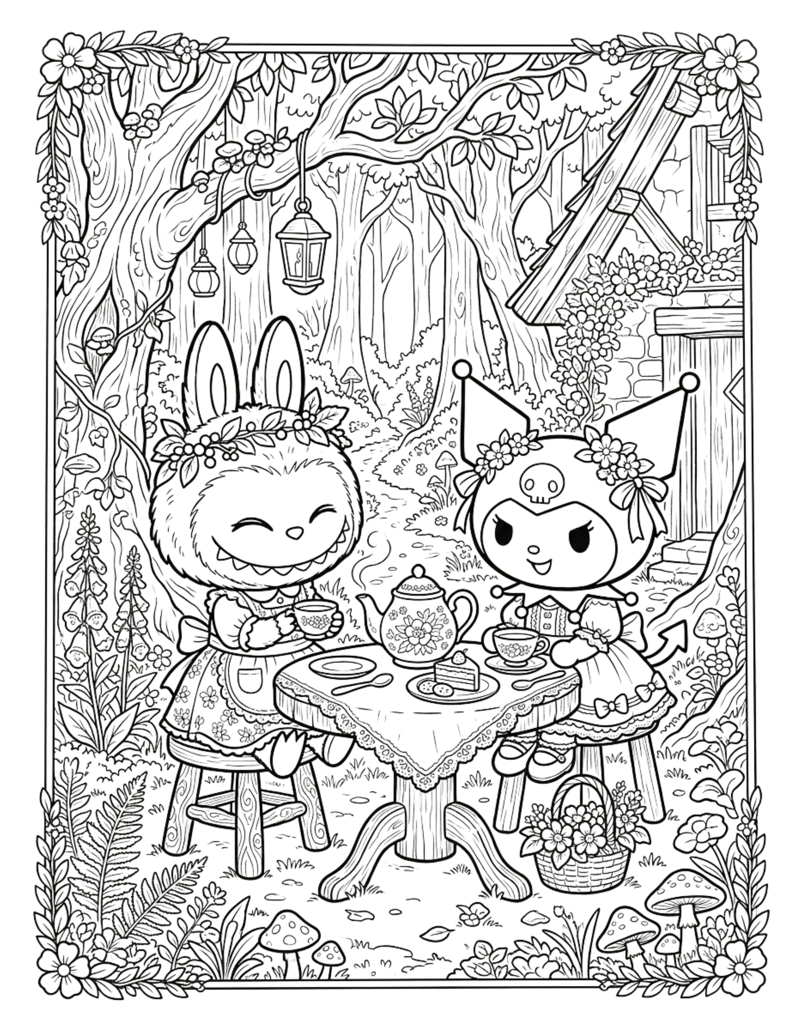 Cozy Cottagecore Labubu with Kuromi Tea Party Coloring Pages