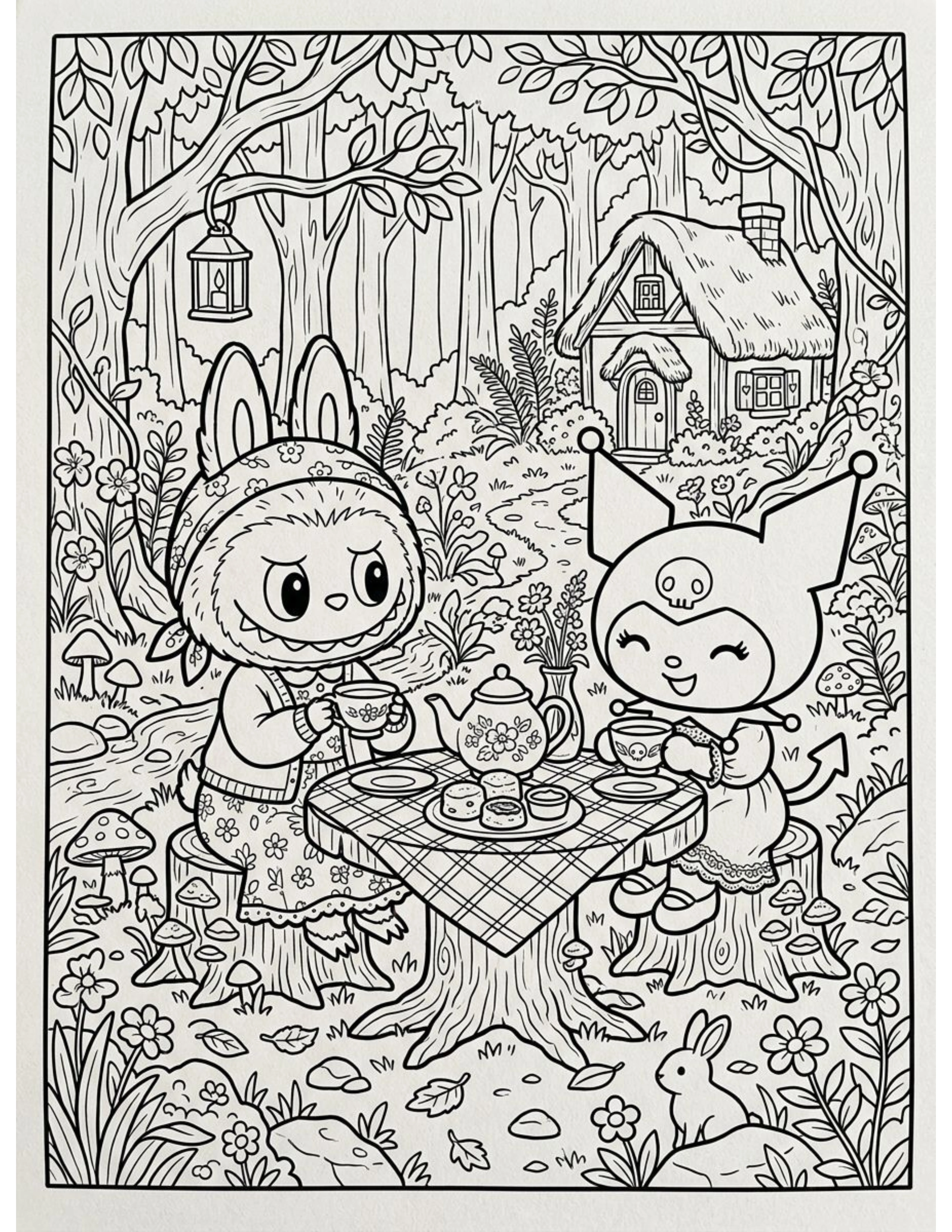 Cottagecore Labubu Kuromi Tea Party Coloring Pages
