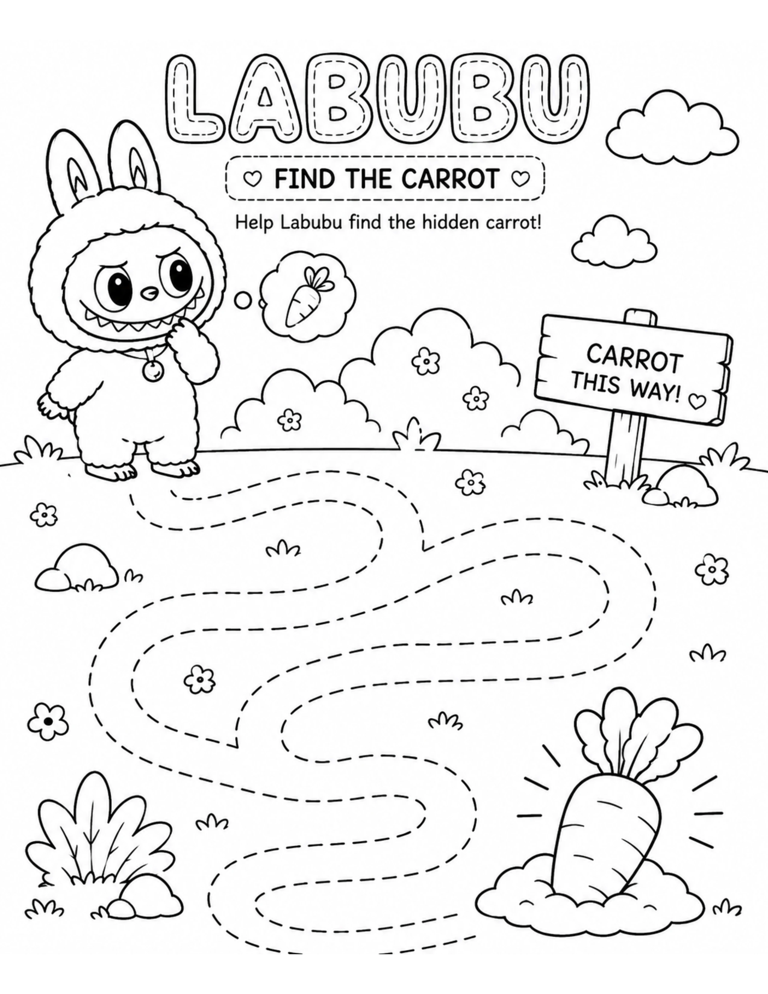 Cute Labubu Tracing Carrot Coloring Page
