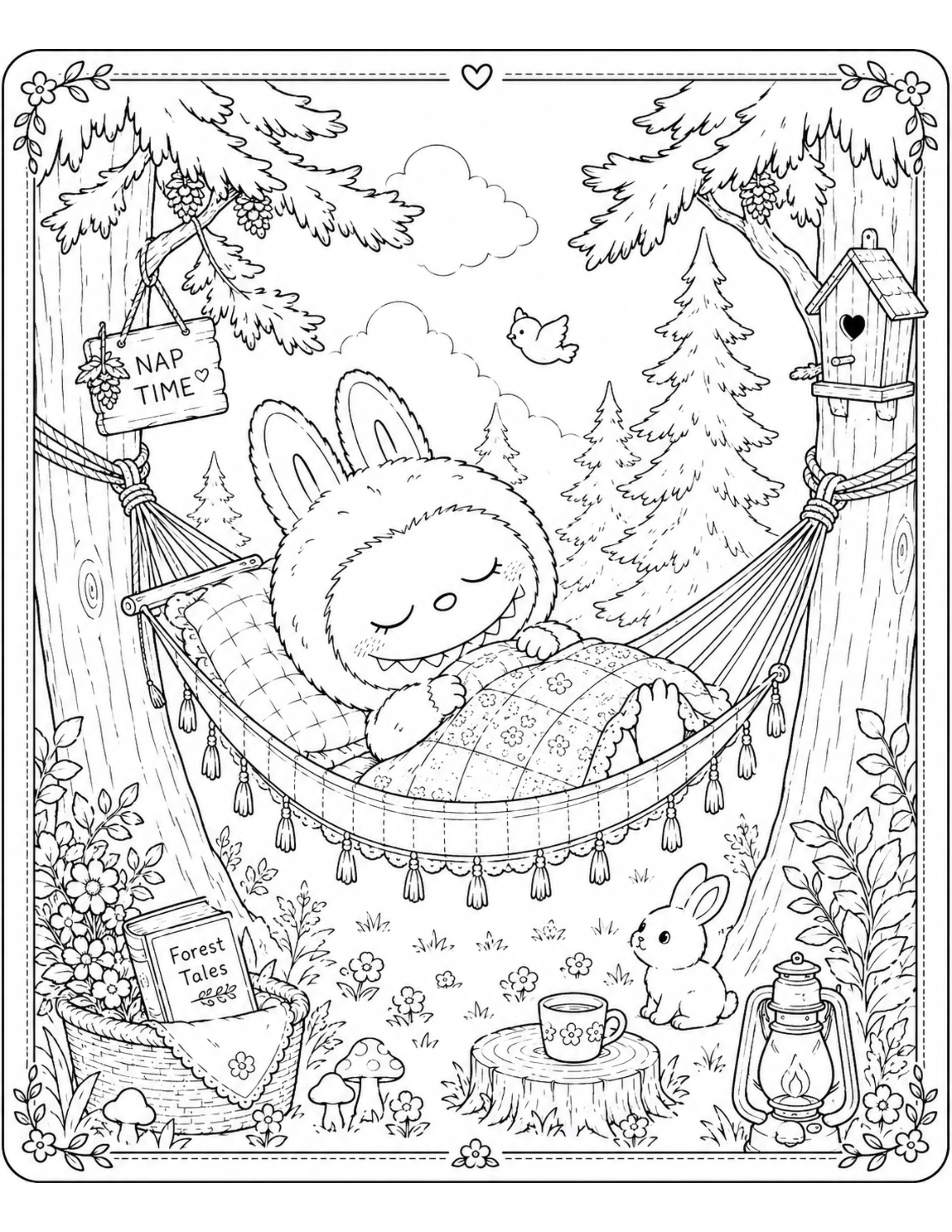 Cottagecore Labubu Sleeping in a Hammock Coloring Page