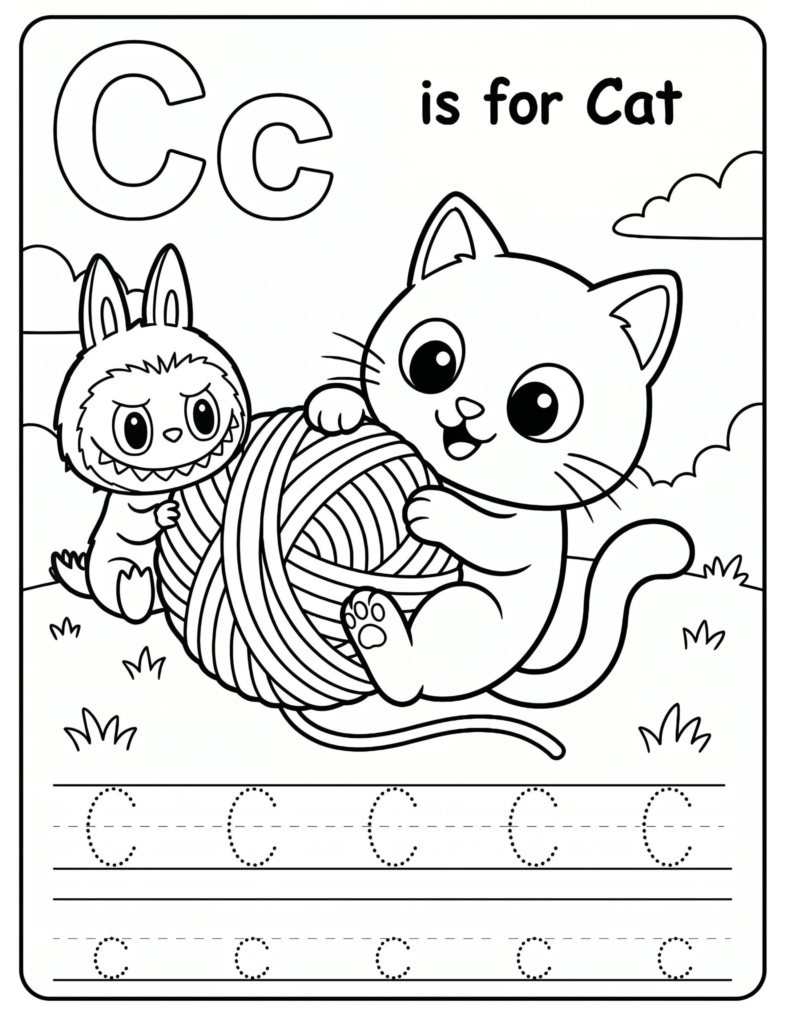 Educational Coloring Pages Alphabet Learning Letter C with Cute Labubu for Kids