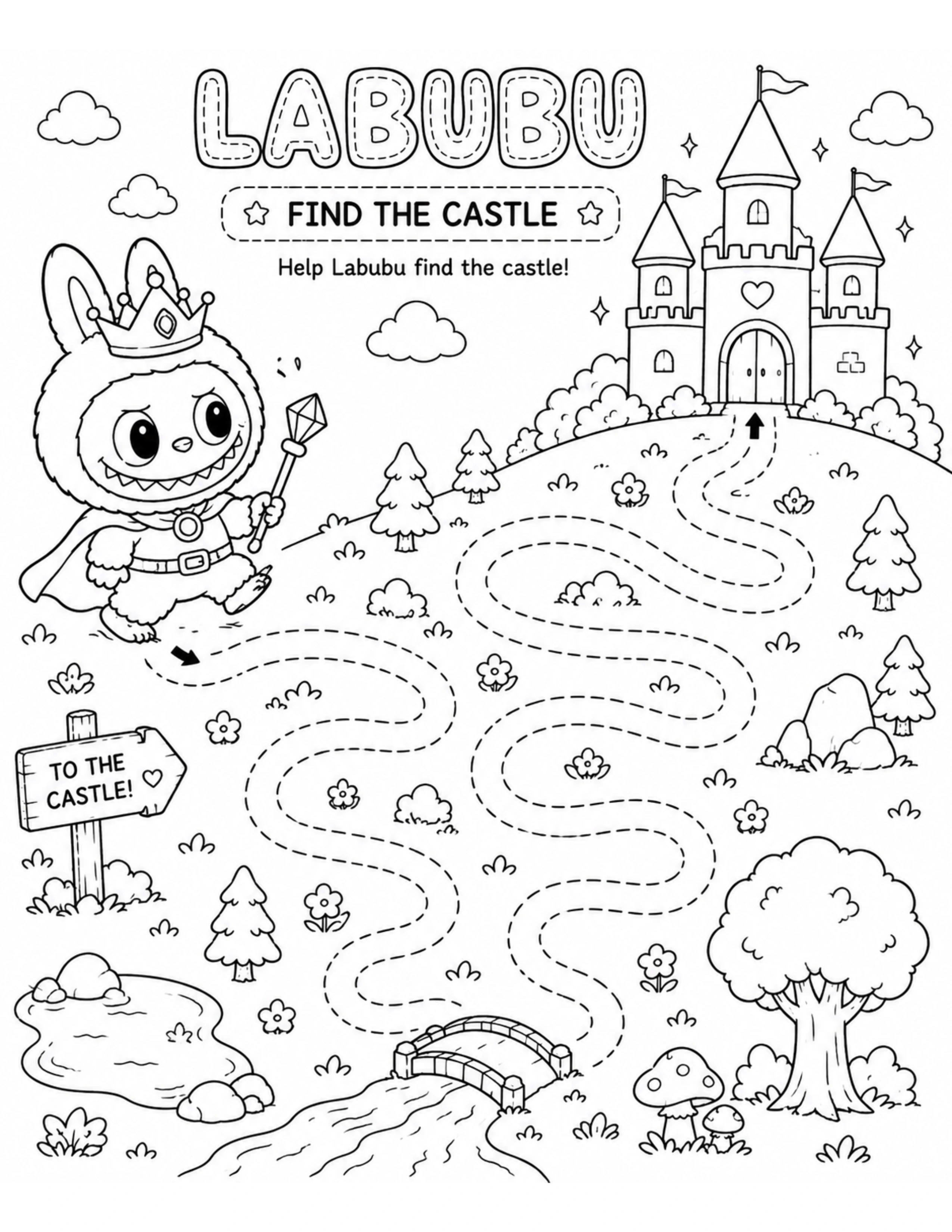 Tracing Labubu Find The Castle Coloring Pages